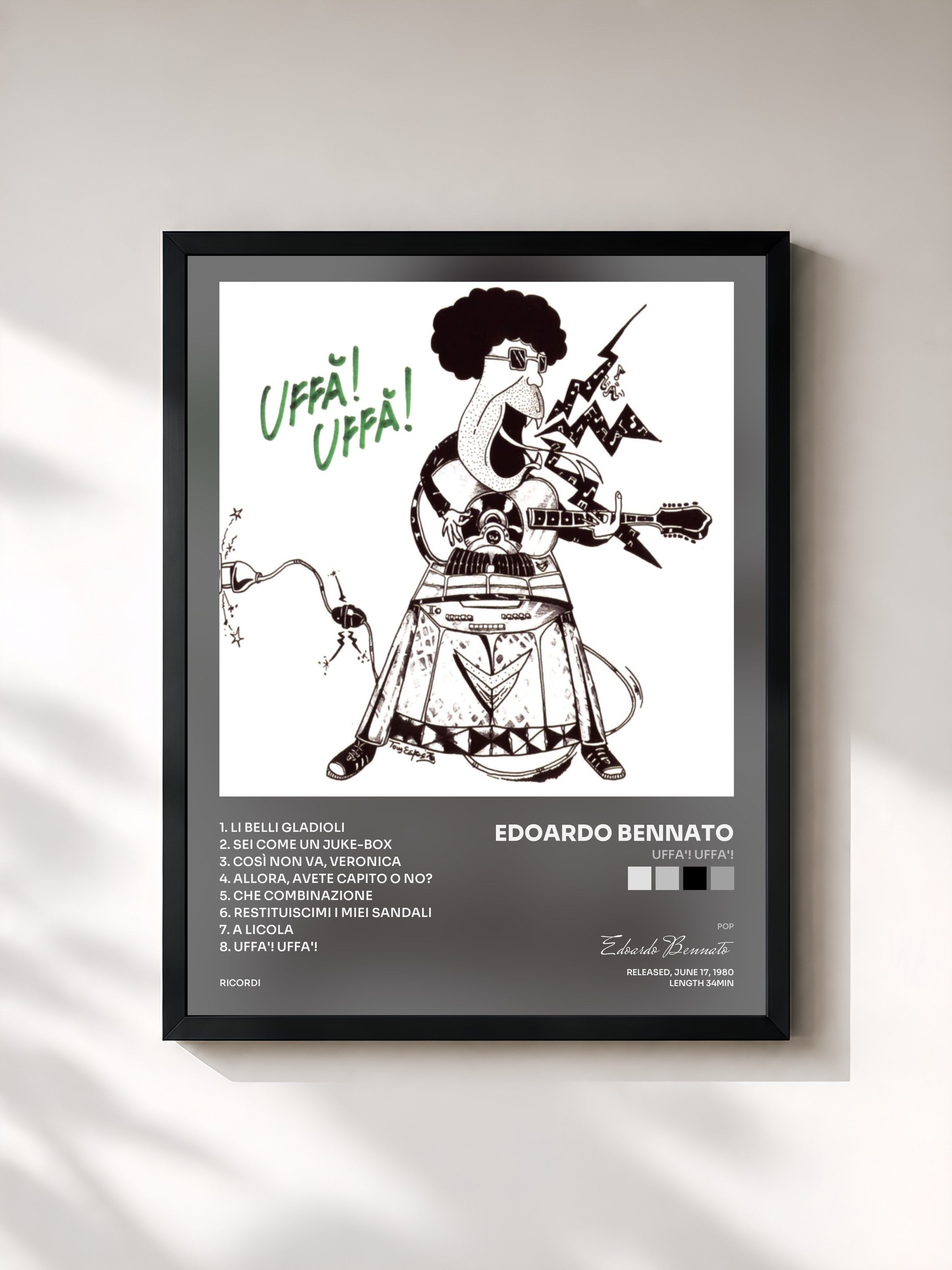 #noir Tableau de l'album Uffa'! Uffa'! de Edoardo Bennato, cadre noir, imprimé et encadré en France