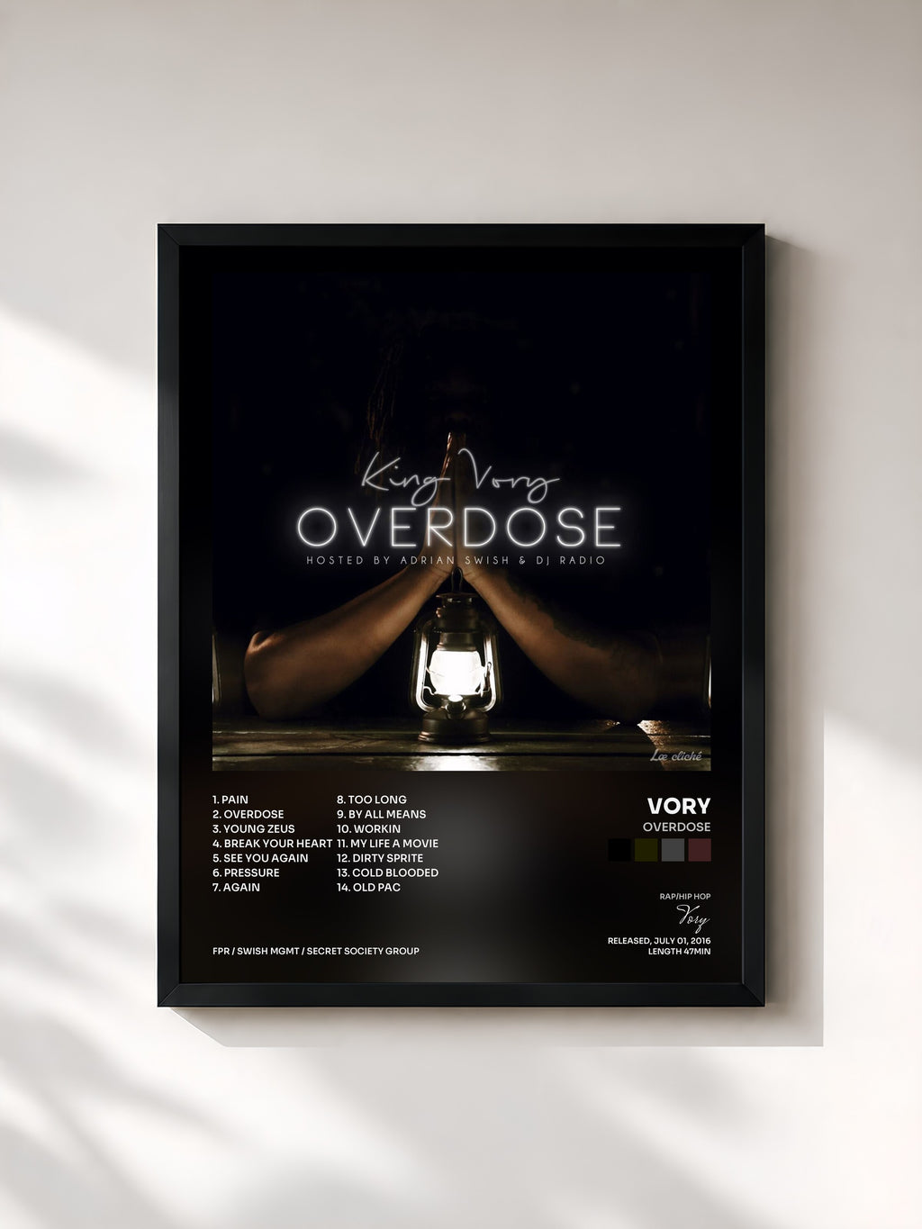 #noir Tableau de l'album Overdose de Vory, cadre noir, imprimé et encadré en France