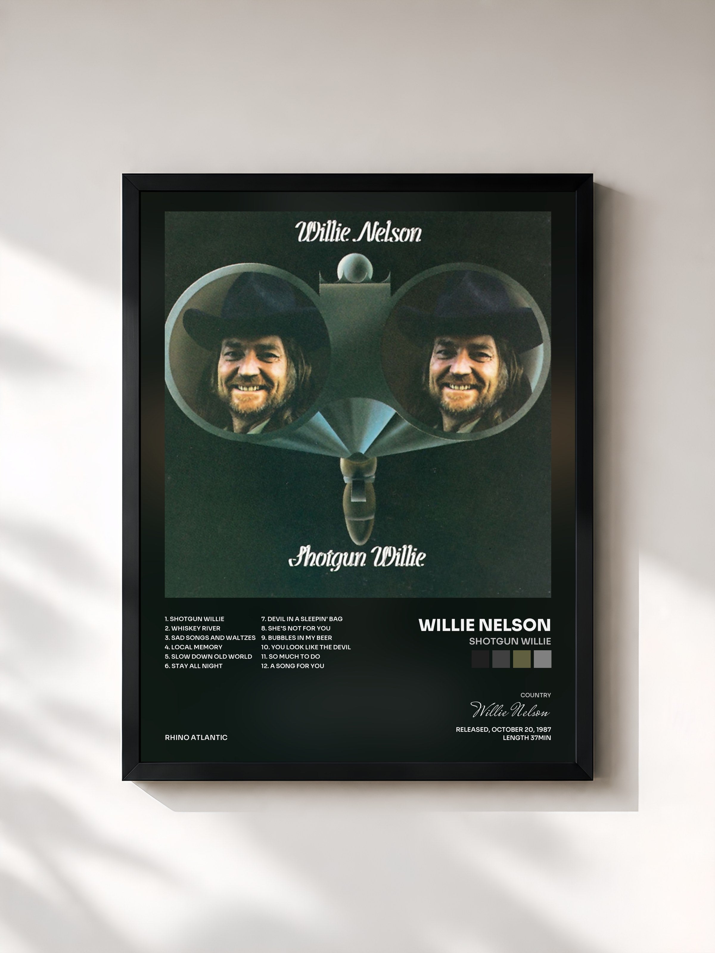 #noir Tableau de l'album Shotgun Willie de Willie Nelson, cadre noir, imprimé et encadré en France