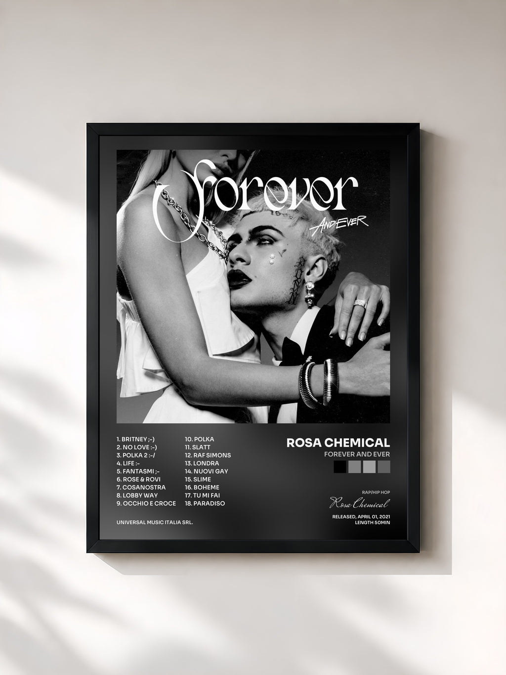 #noir Tableau de l'album FOREVER AND EVER de Rosa Chemical, cadre noir, imprimé et encadré en France