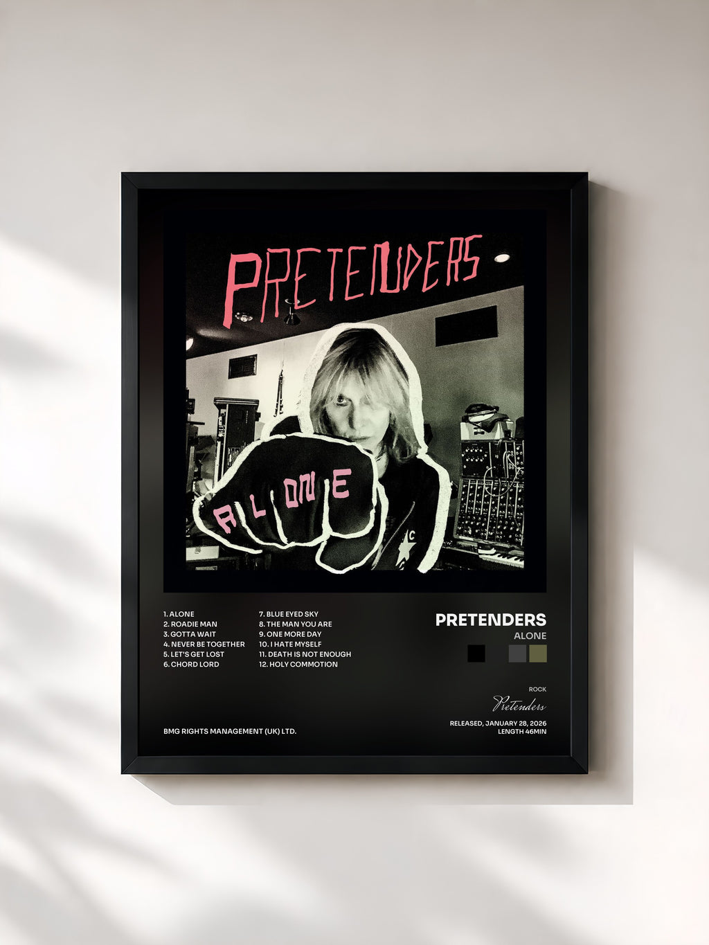#noir Tableau de l'album Alone de Pretenders, cadre noir, imprimé et encadré en France