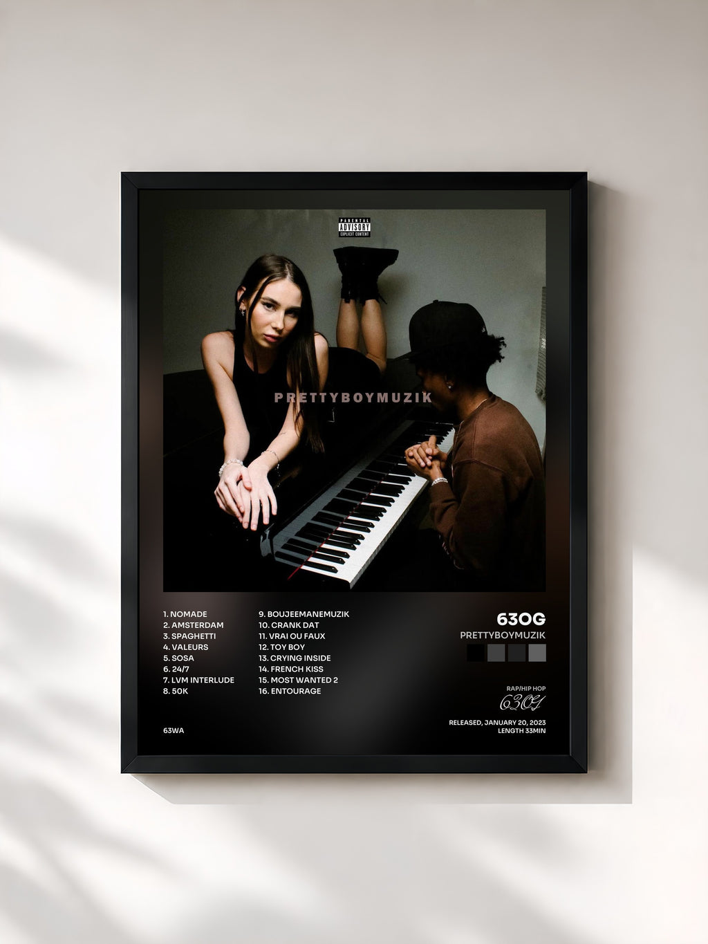 #noir Tableau de l'album PRETTYBOYMUZIK de 63OG, cadre noir, imprimé et encadré en France