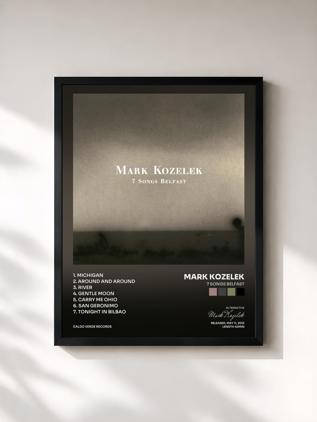 #noir Tableau de l'album 7 Songs Belfast de Mark Kozelek, cadre noir, imprimé et encadré en France