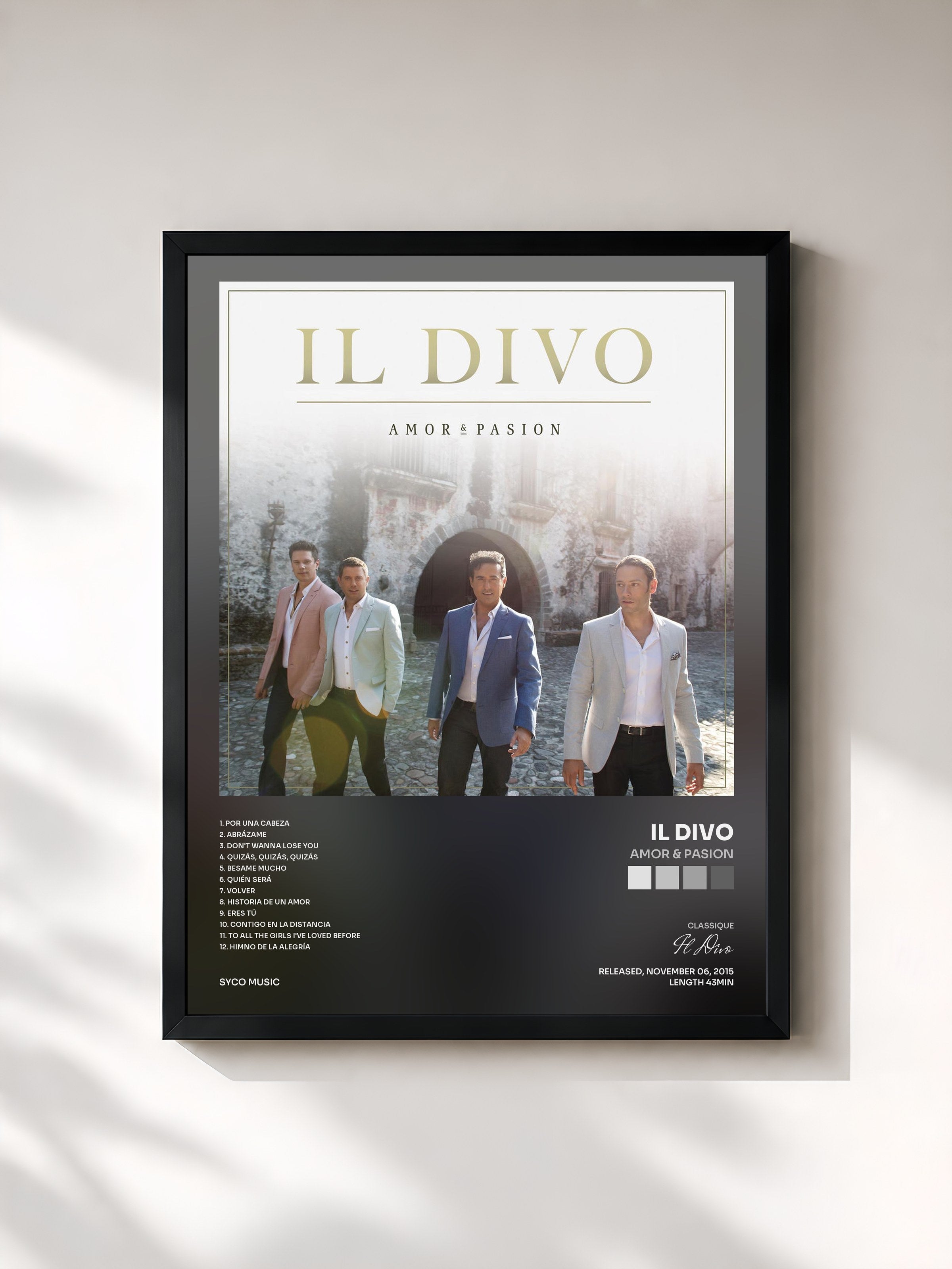 #noir Tableau de l'album Amor & Pasion de Il Divo, cadre noir, imprimé et encadré en France
