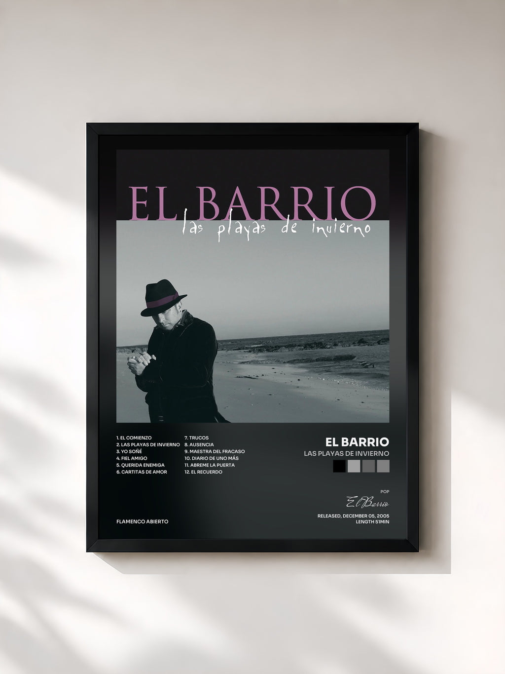 #noir Tableau de l'album Las Playas de Invierno de El Barrio, cadre noir, imprimé et encadré en France