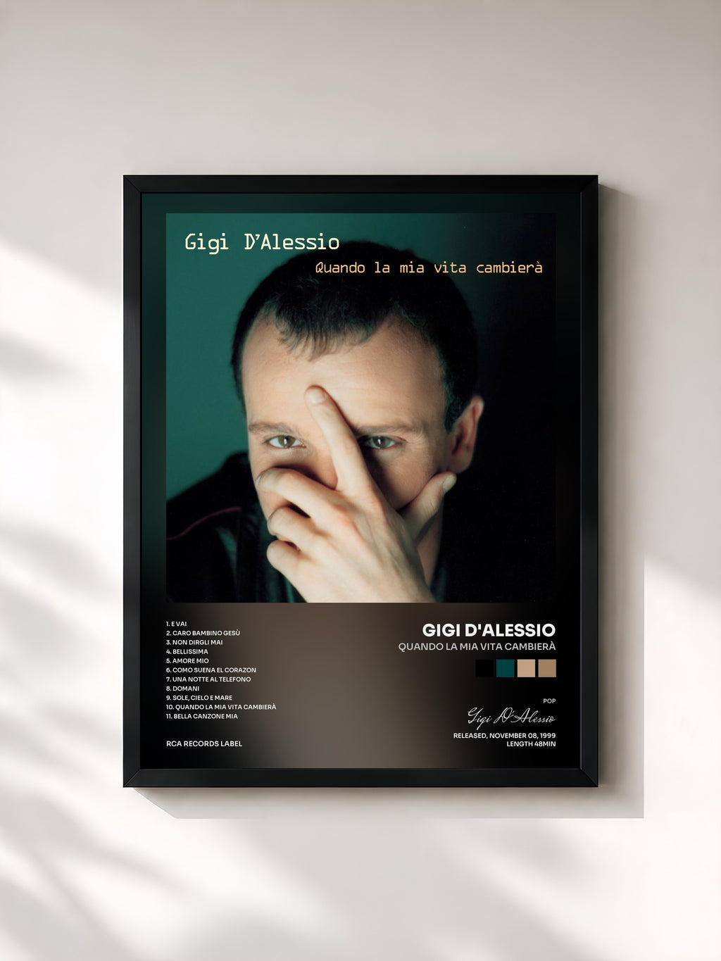 #noir Tableau de l'album Quando La Mia Vita Cambierà de Gigi D'Alessio, cadre noir, imprimé et encadré en France