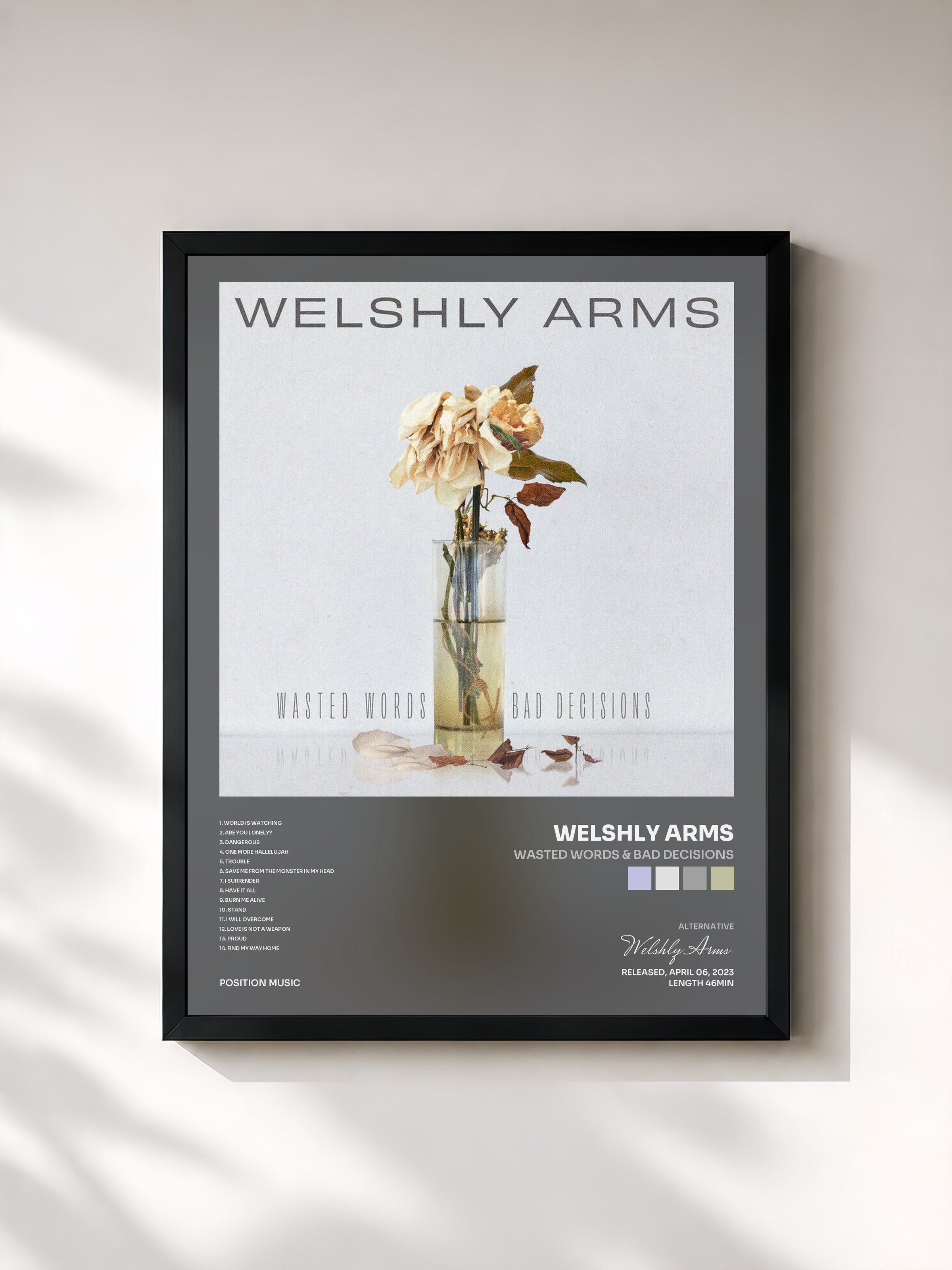 #noir Tableau de l'album Wasted Words & Bad Decisions de Welshly Arms, cadre noir, imprimé et encadré en France