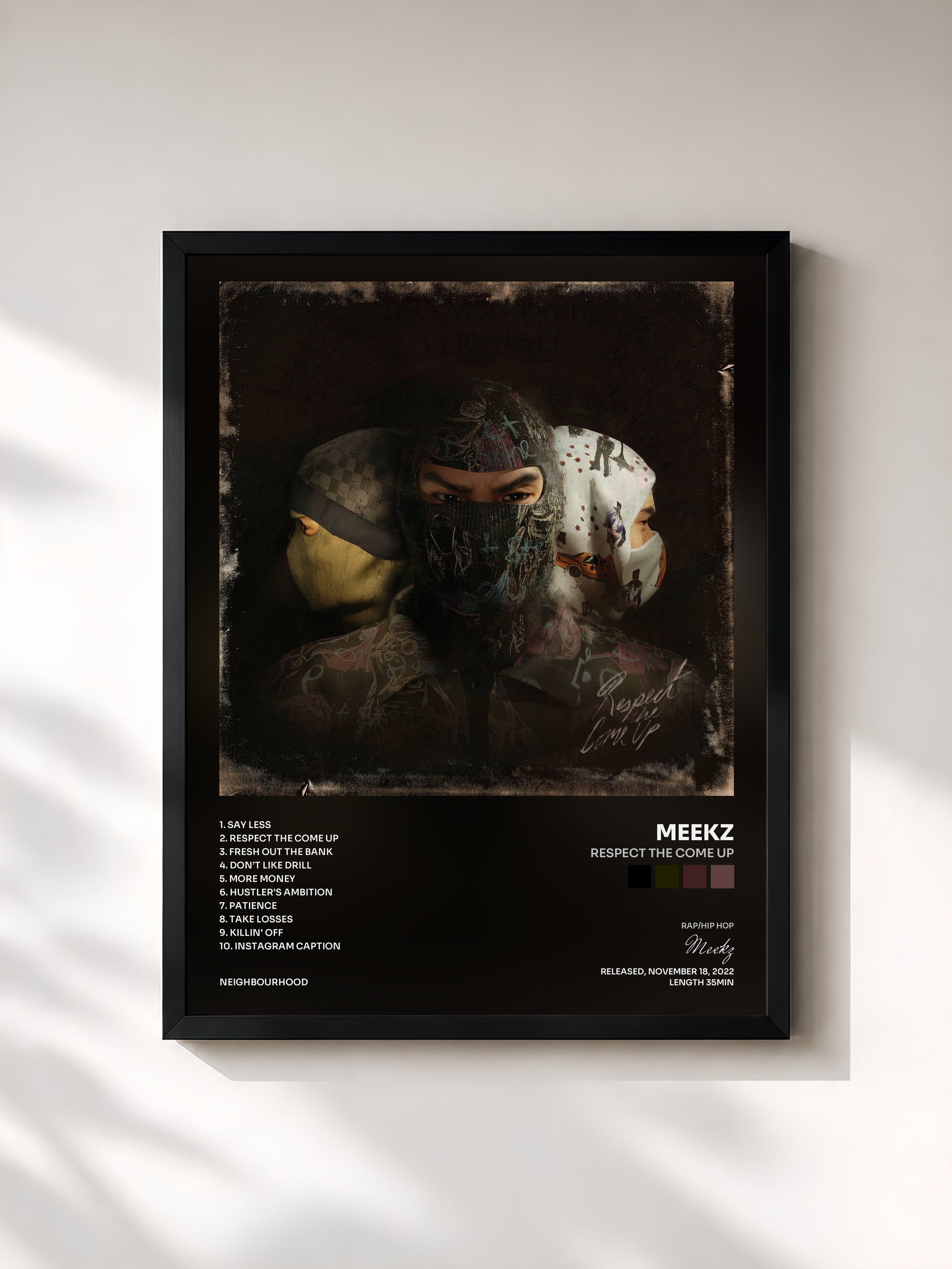 #noir Tableau de l'album Respect The Come Up de Meekz, cadre noir, imprimé et encadré en France