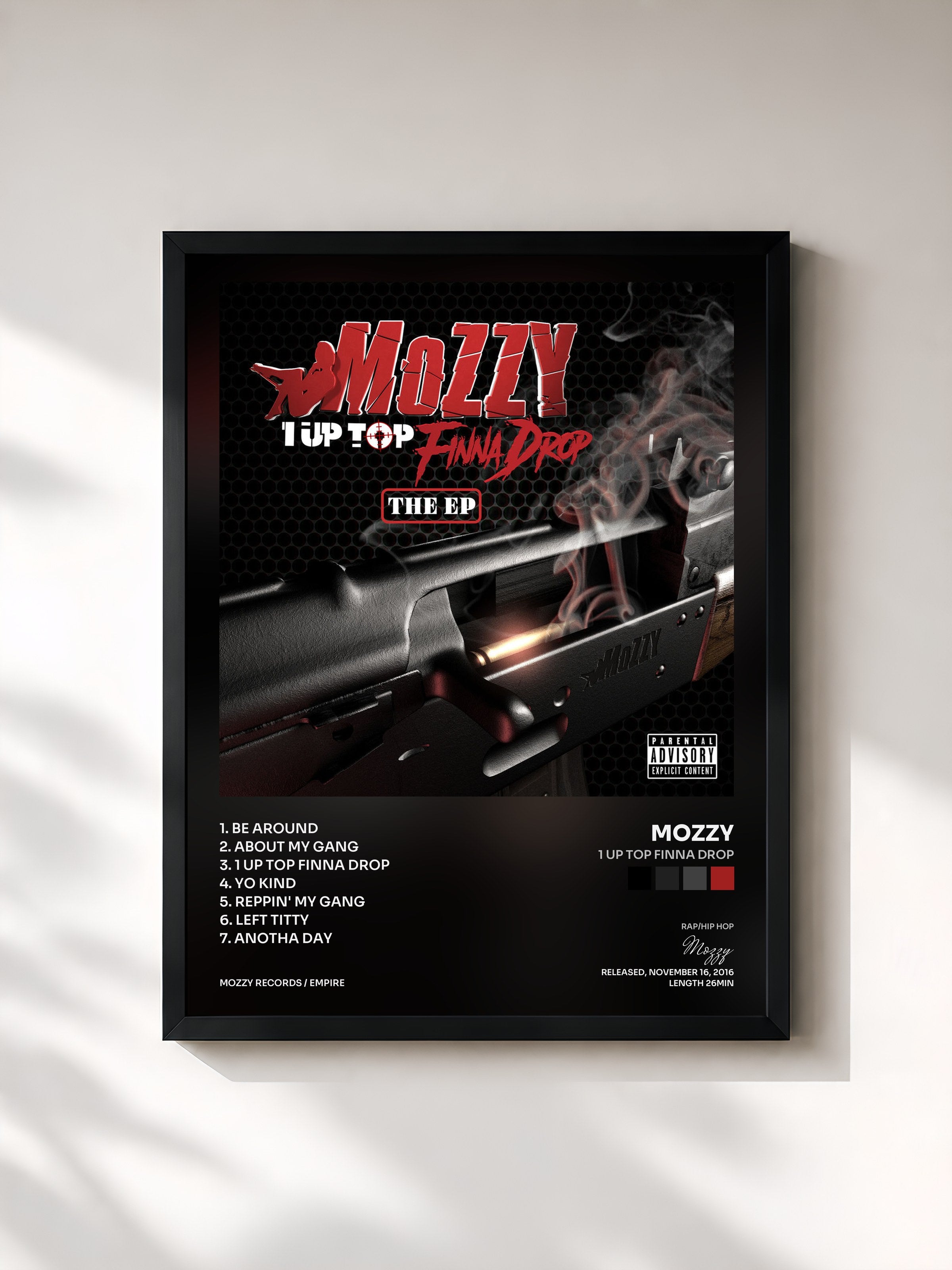 #noir Tableau de l'album 1 Up Top Finna Drop de Mozzy, cadre noir, imprimé et encadré en France