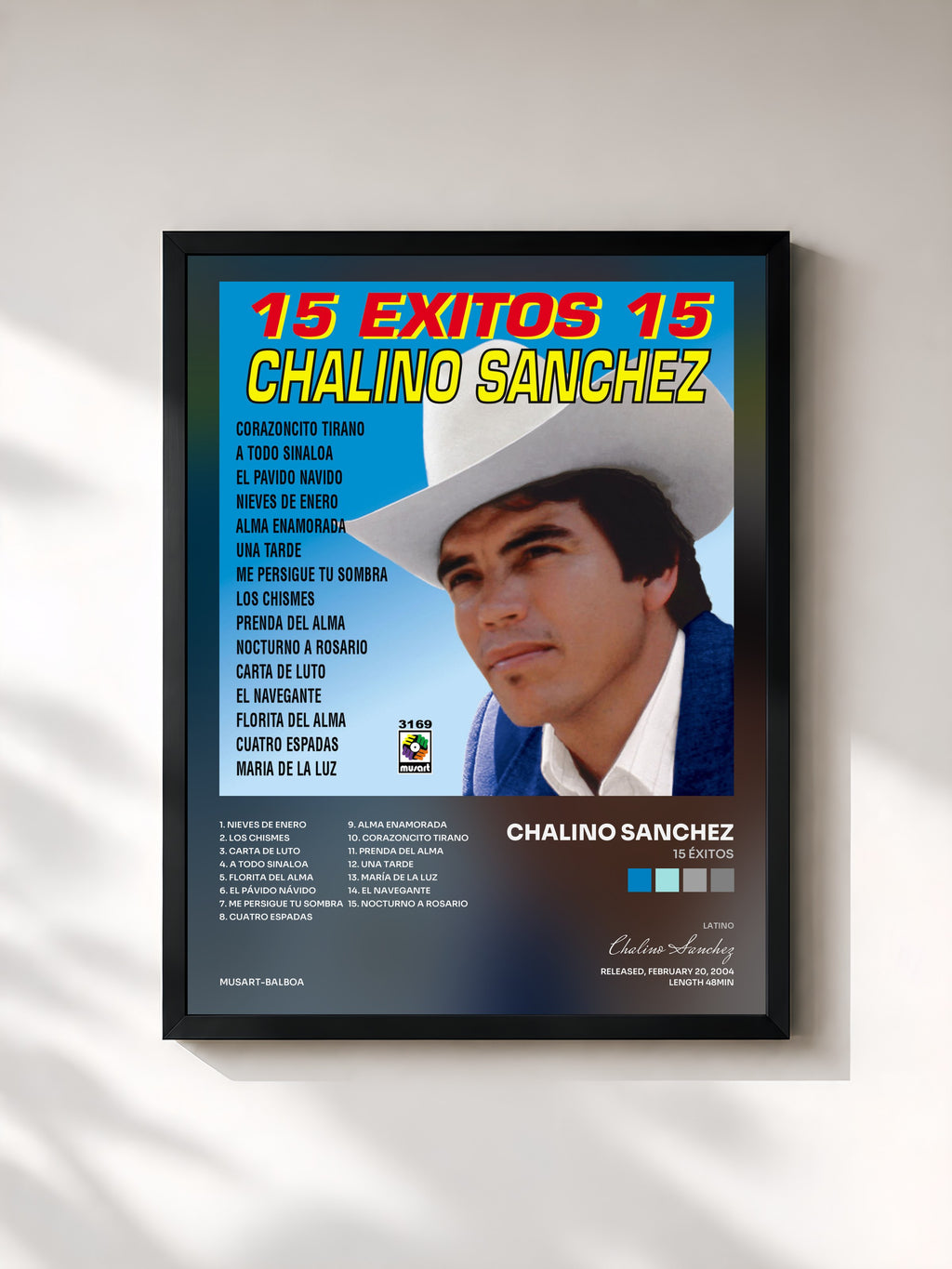#noir Tableau de l'album 15 Éxitos de Chalino Sanchez, cadre noir, imprimé et encadré en France