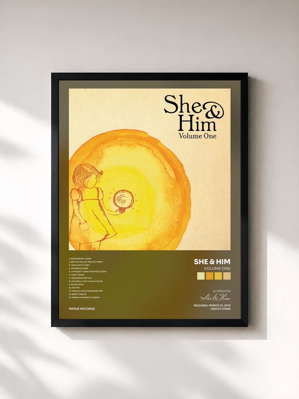 #noir Tableau de l'album Volume One de She & Him, cadre noir, imprimé et encadré en France