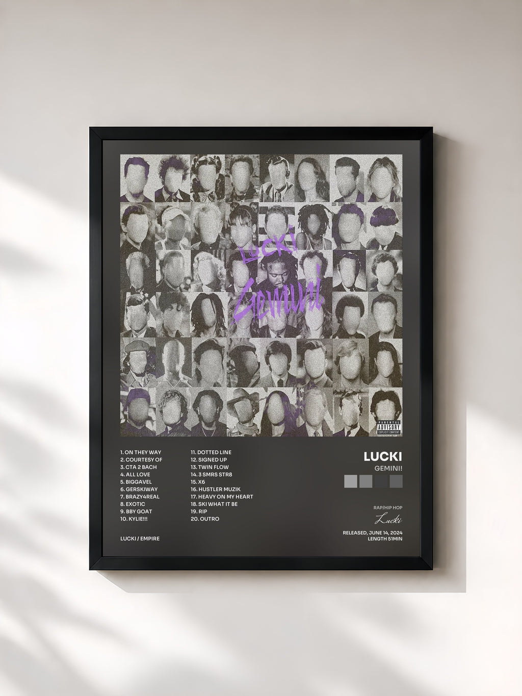 #noir Tableau de l'album GEMINI! de Lucki, cadre noir, imprimé et encadré en France