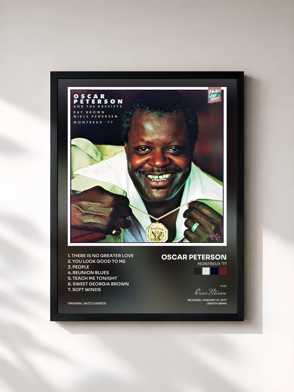 #noir Tableau de l'album Montreux '77 de Oscar Peterson, cadre noir, imprimé et encadré en France