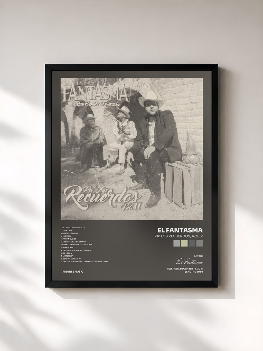 #noir Tableau de l'album Pa' los Recuerdos, Vol. 2 de El Fantasma, cadre noir, imprimé et encadré en France