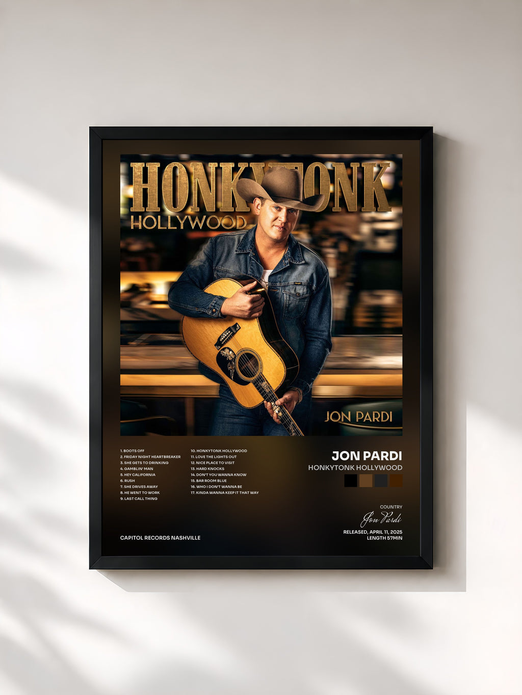 #noir Tableau de l'album Honkytonk Hollywood de Jon Pardi, cadre noir, imprimé et encadré en France