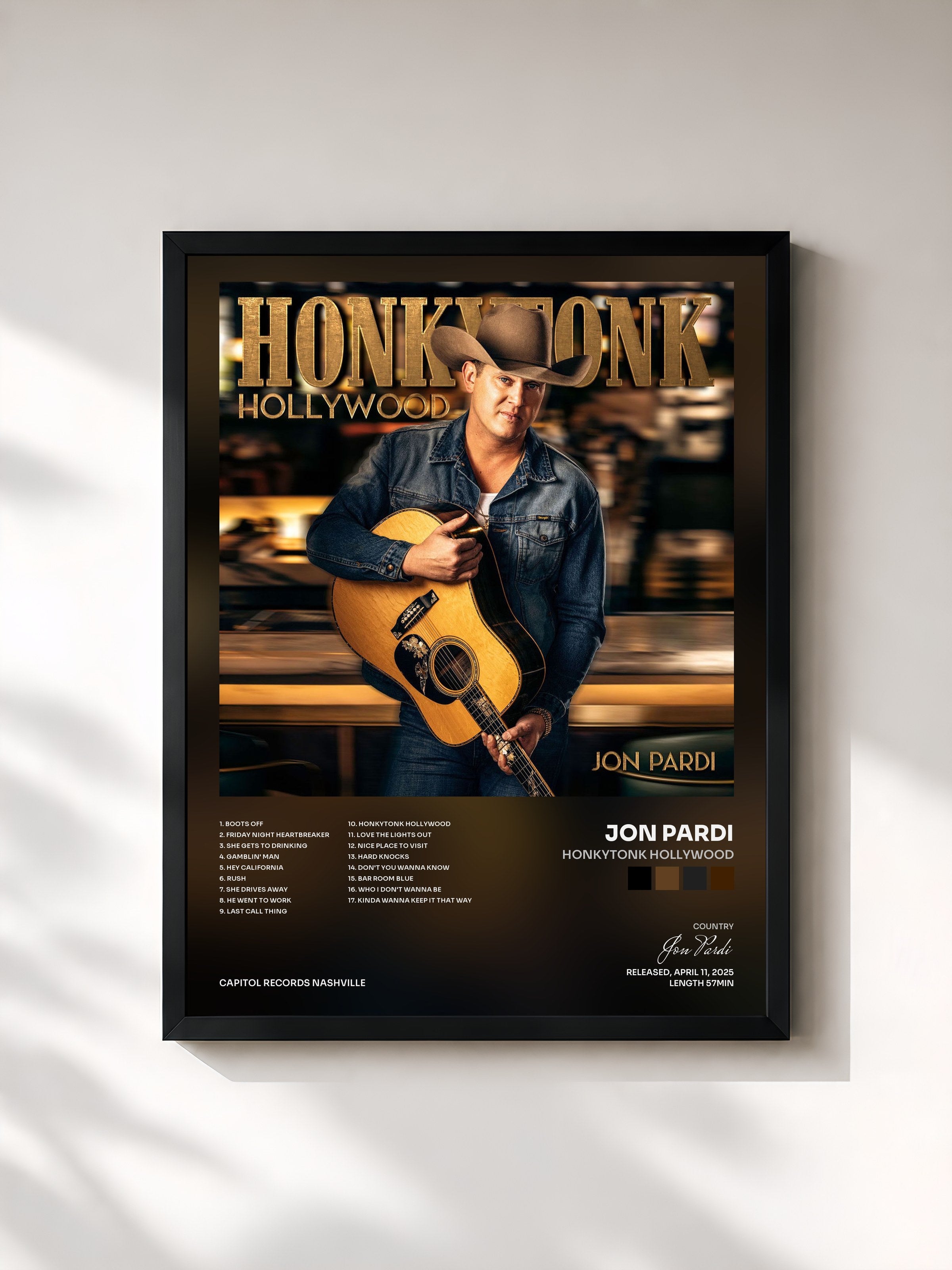 #noir Tableau de l'album Honkytonk Hollywood de Jon Pardi, cadre noir, imprimé et encadré en France