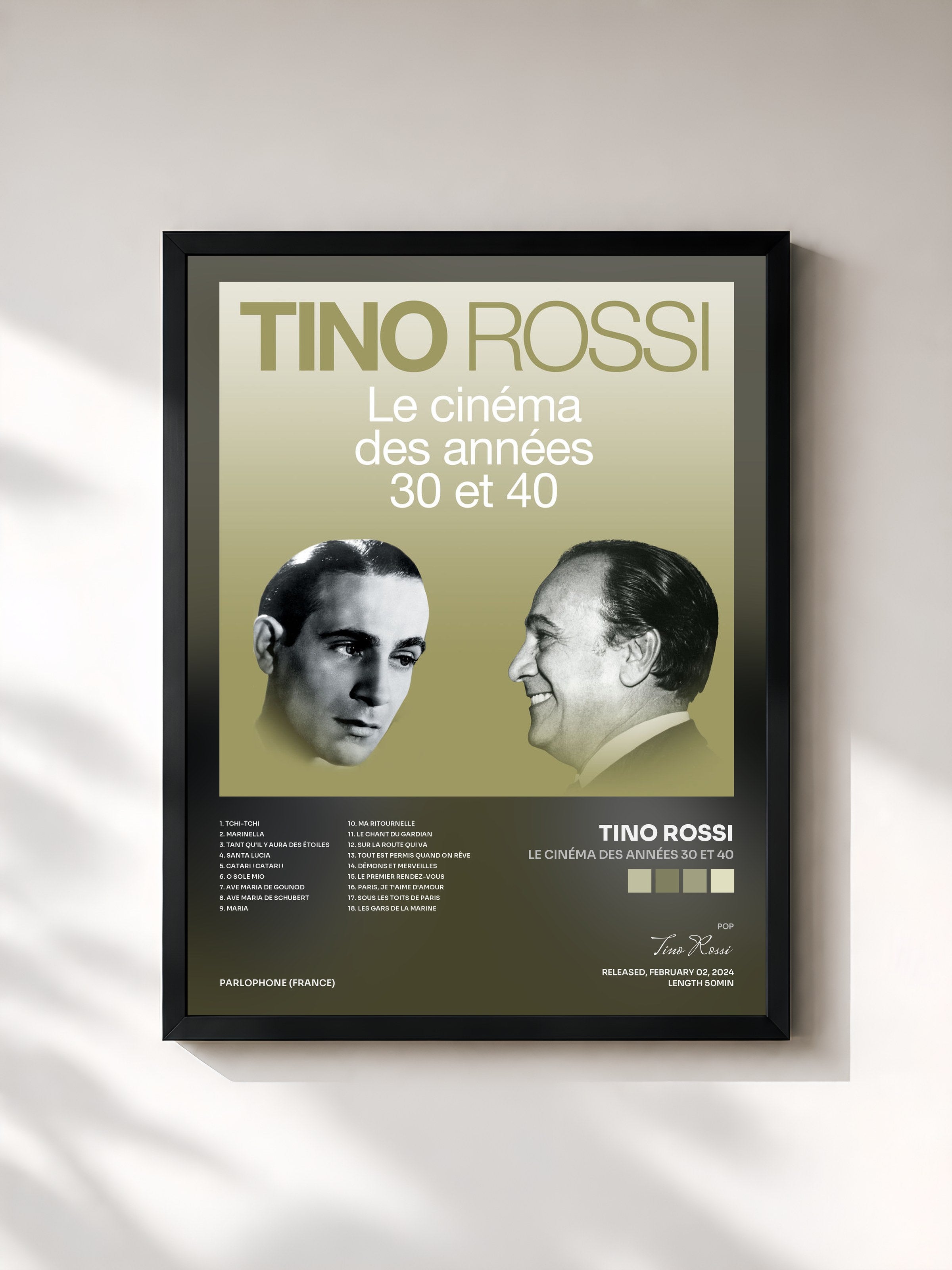 #noir Tableau de l'album Le cinéma des années 30 et 40 de Tino Rossi, cadre noir, imprimé et encadré en France