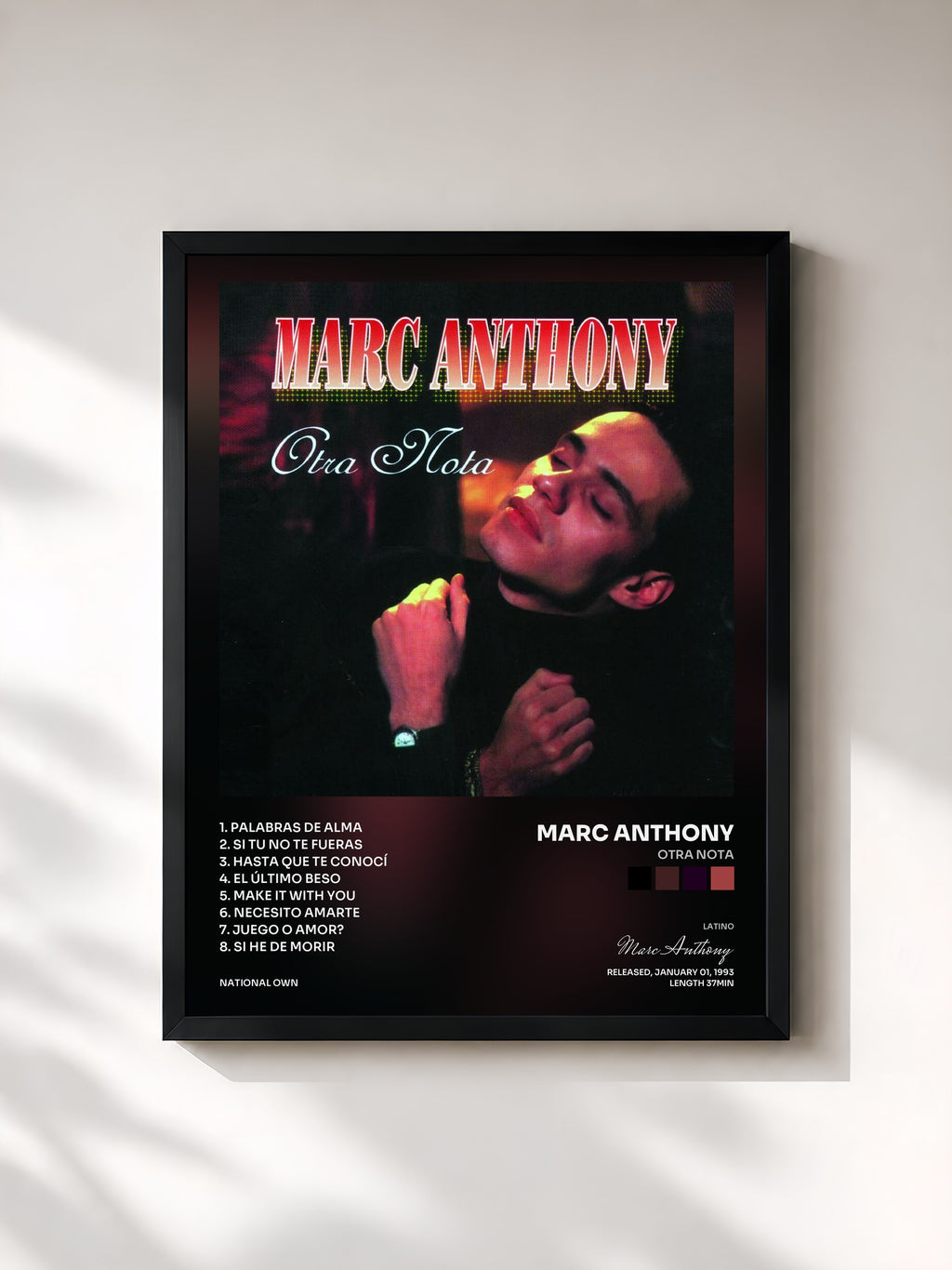 #noir Tableau de l'album Otra Nota de Marc Anthony, cadre noir, imprimé et encadré en France