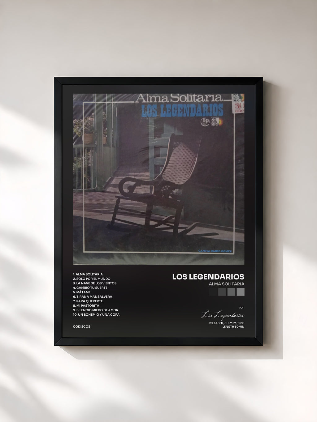 #noir Tableau de l'album Alma Solitaria de Los Legendarios, cadre noir, imprimé et encadré en France