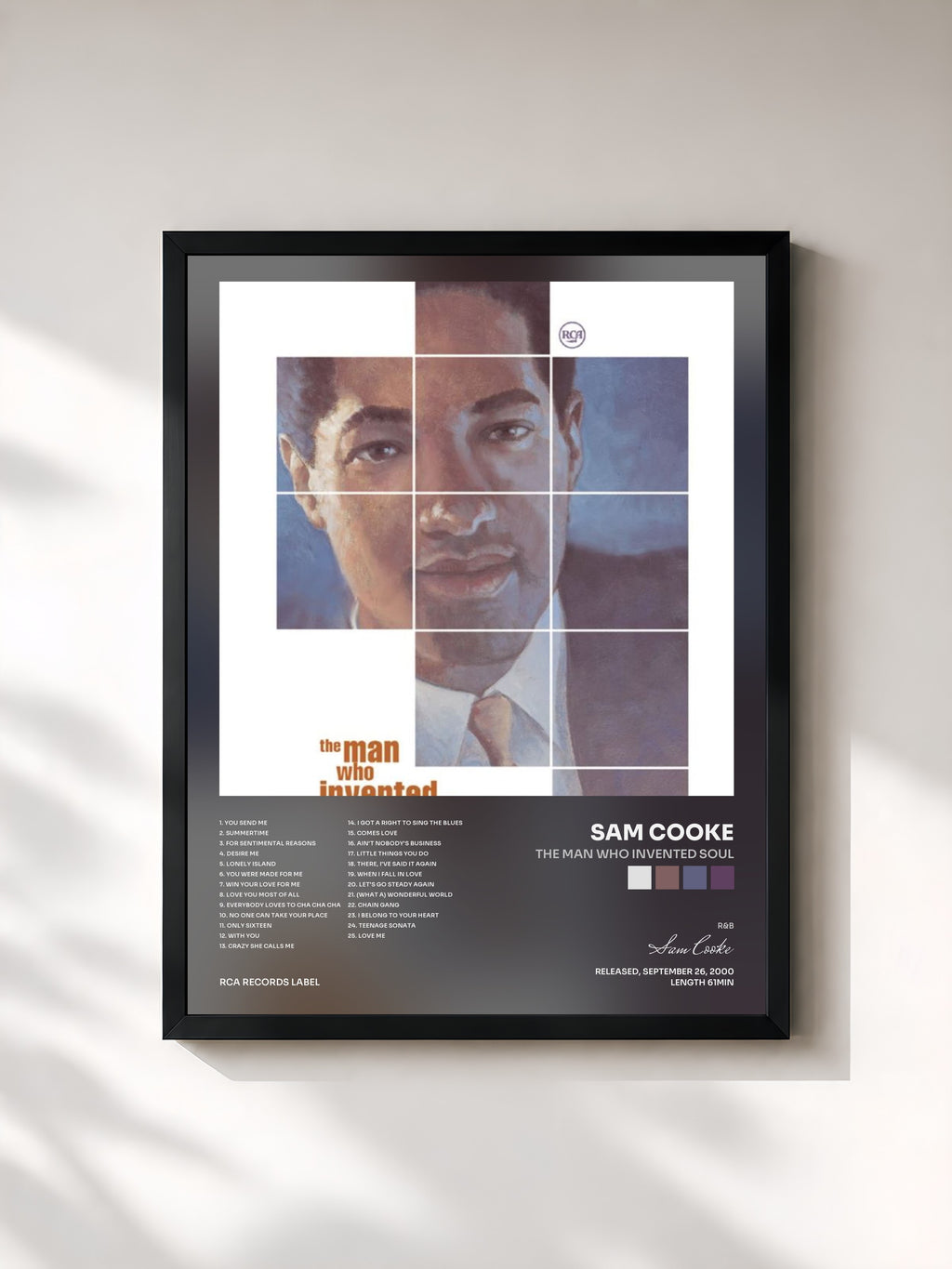 #noir Tableau de l'album The Man Who Invented Soul de Sam Cooke, cadre noir, imprimé et encadré en France