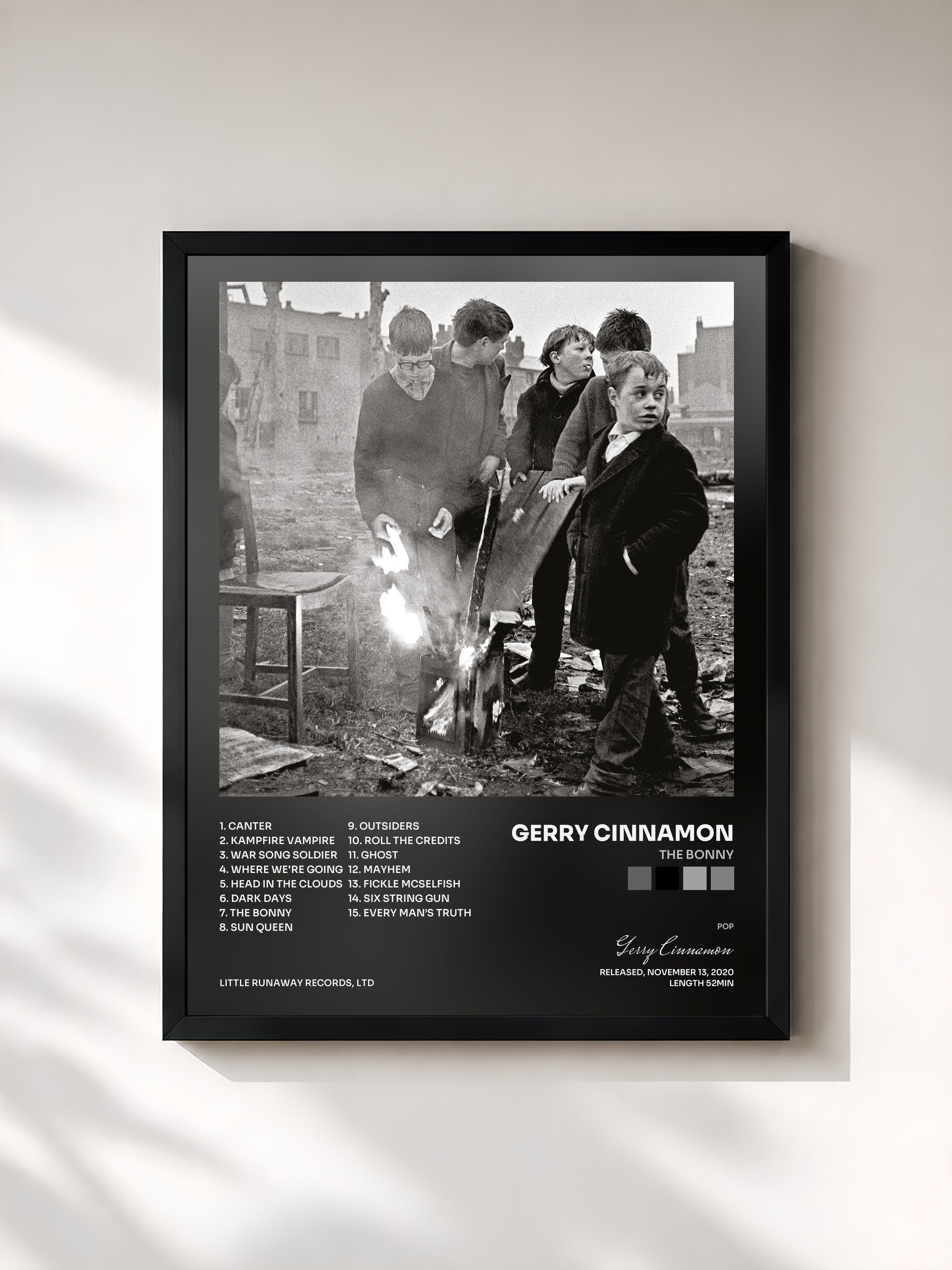 #noir Tableau de l'album The Bonny de Gerry Cinnamon, cadre noir, imprimé et encadré en France