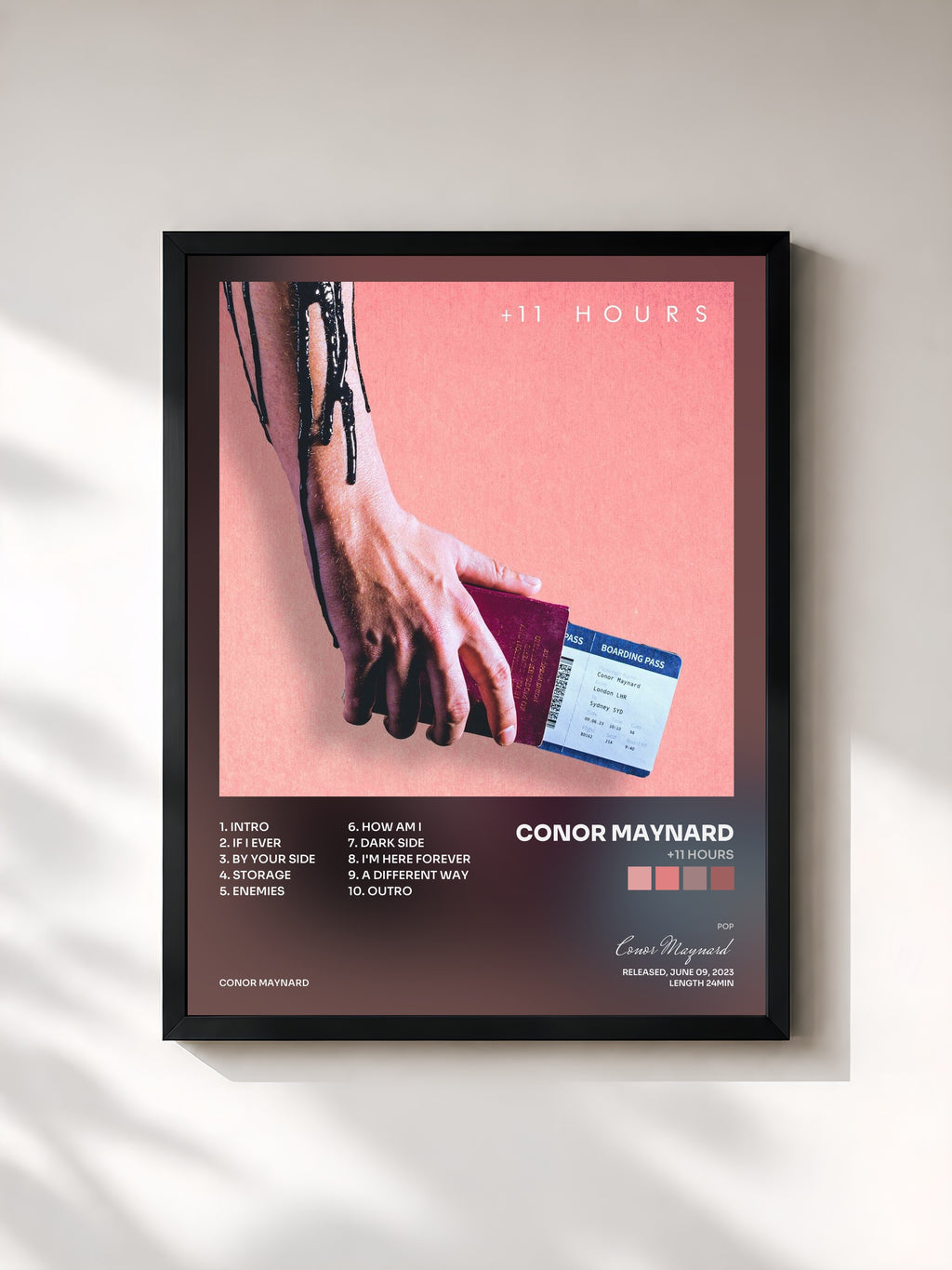 #noir Tableau de l'album +11 Hours de Conor Maynard, cadre noir, imprimé et encadré en France