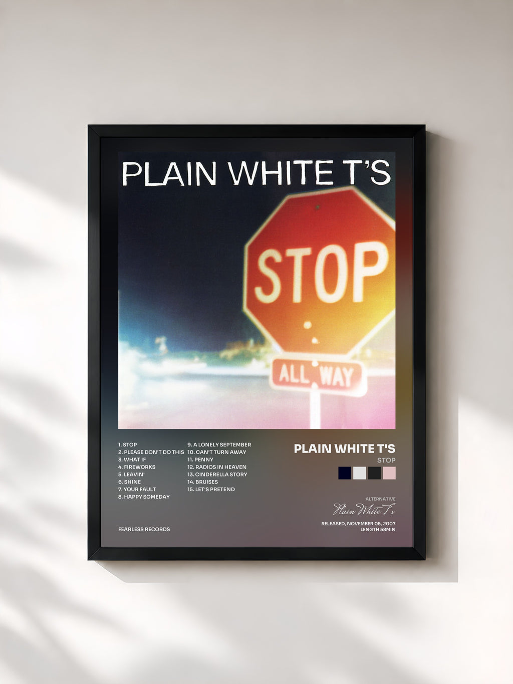 #noir Tableau de l'album Stop de Plain White T's, cadre noir, imprimé et encadré en France
