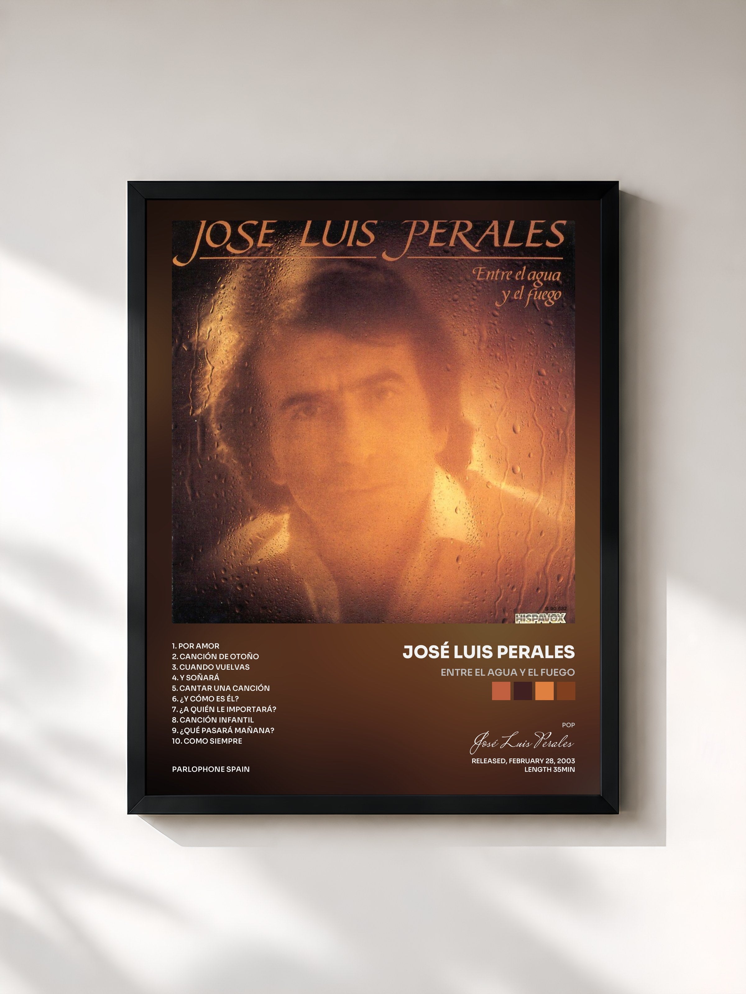 #noir Tableau de l'album Entre El Agua Y El Fuego de José Luis Perales, cadre noir, imprimé et encadré en France