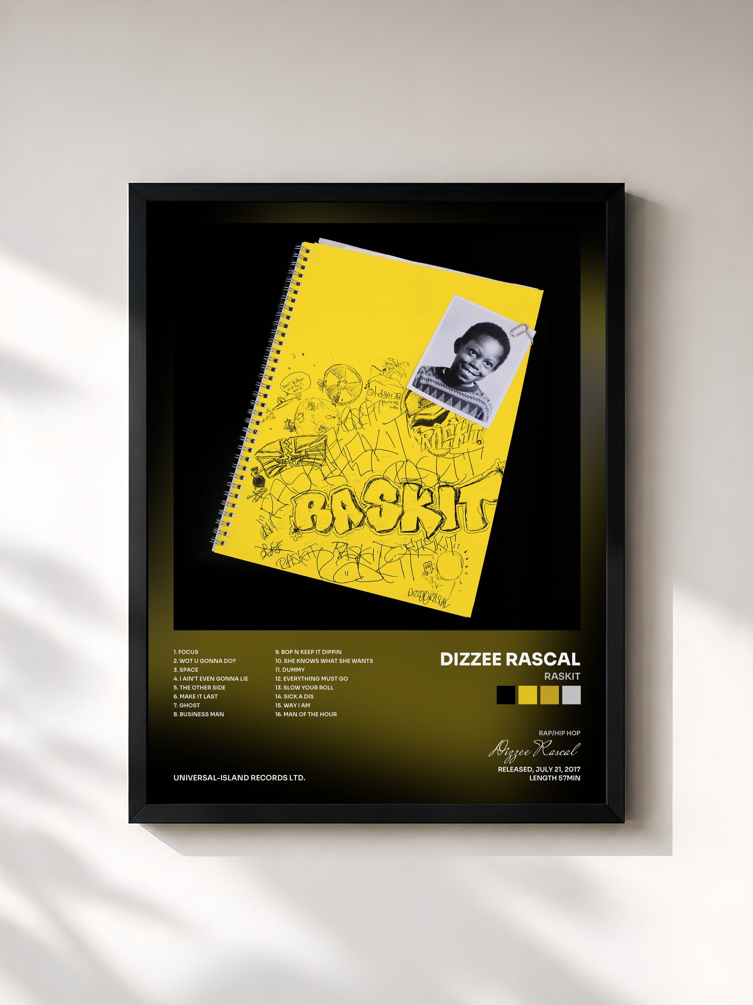 #noir Tableau de l'album Raskit de Dizzee Rascal, cadre noir, imprimé et encadré en France