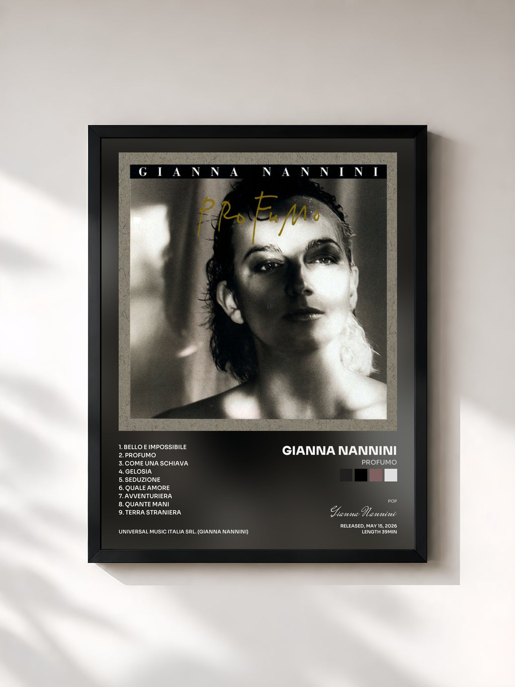 #noir Tableau de l'album Profumo de Gianna Nannini, cadre noir, imprimé et encadré en France