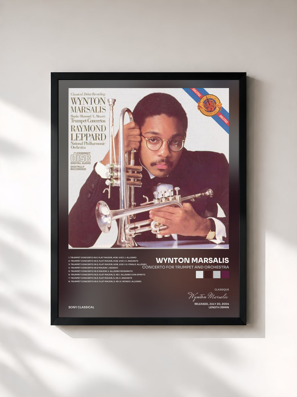 #noir Tableau de l'album Concerto for Trumpet and Orchestra de Wynton Marsalis, cadre noir, imprimé et encadré en France