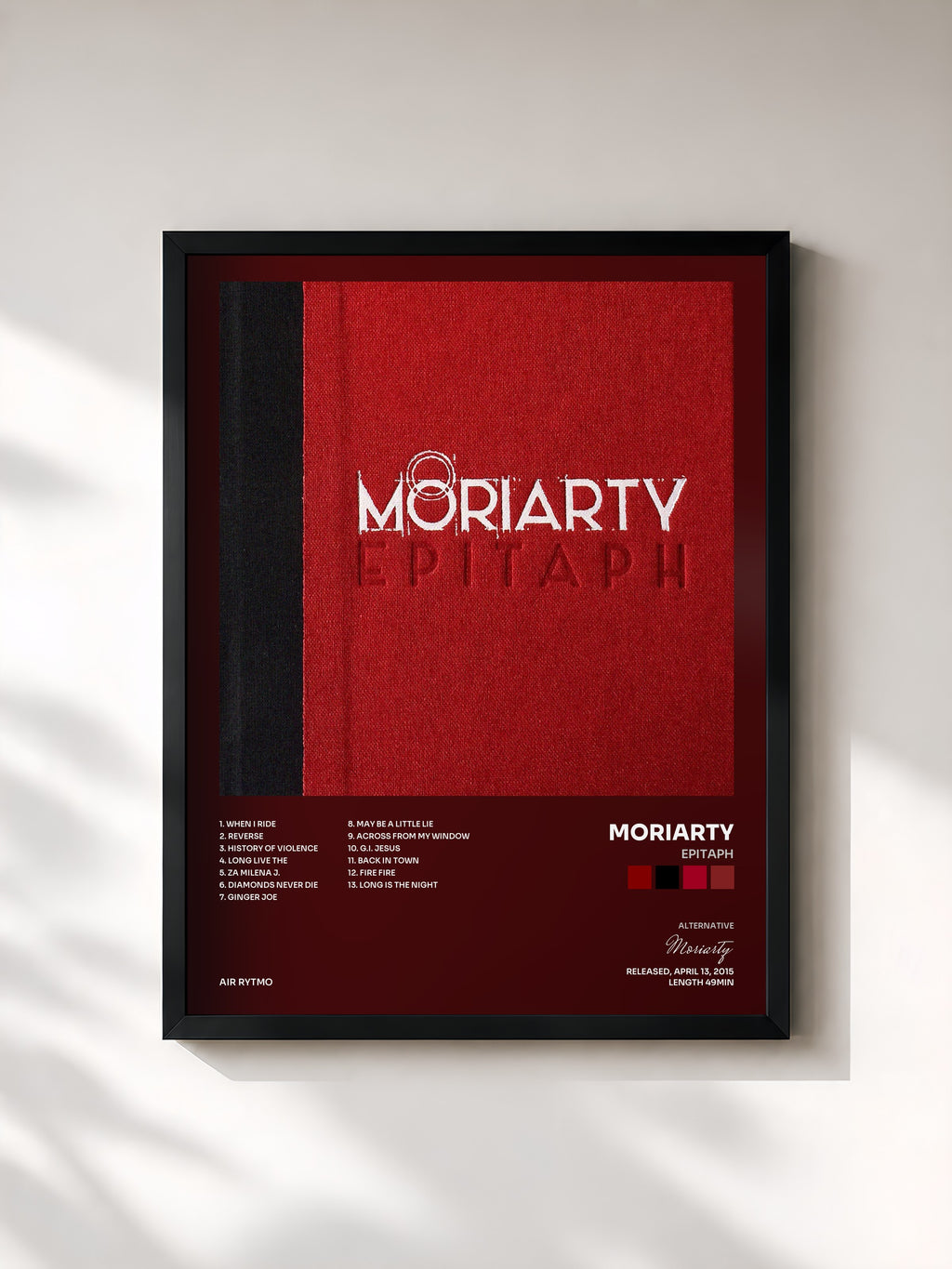 #noir Tableau de l'album Epitaph de Moriarty, cadre noir, imprimé et encadré en France