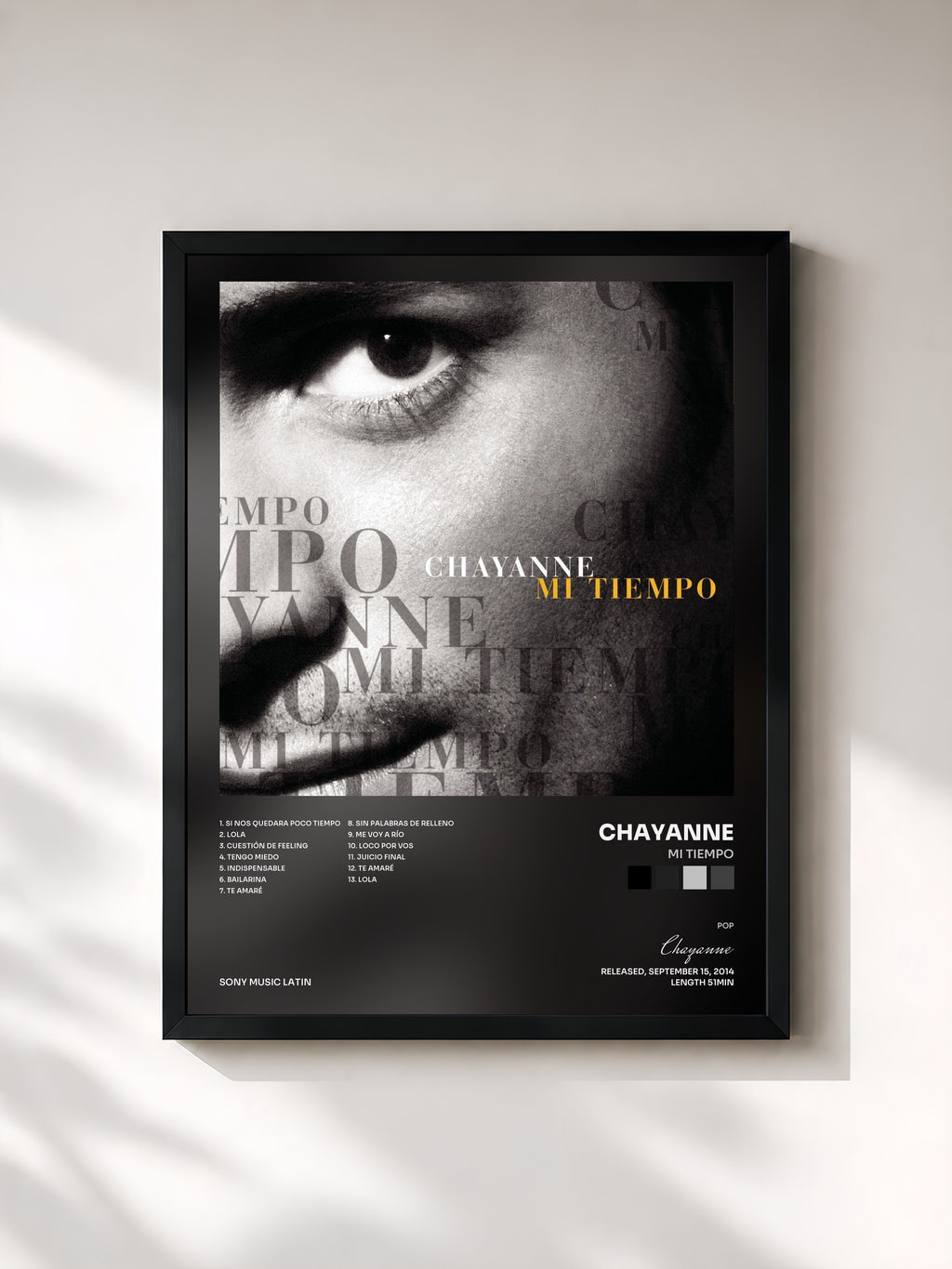 #noir Tableau de l'album Mi Tiempo de Chayanne, cadre noir, imprimé et encadré en France