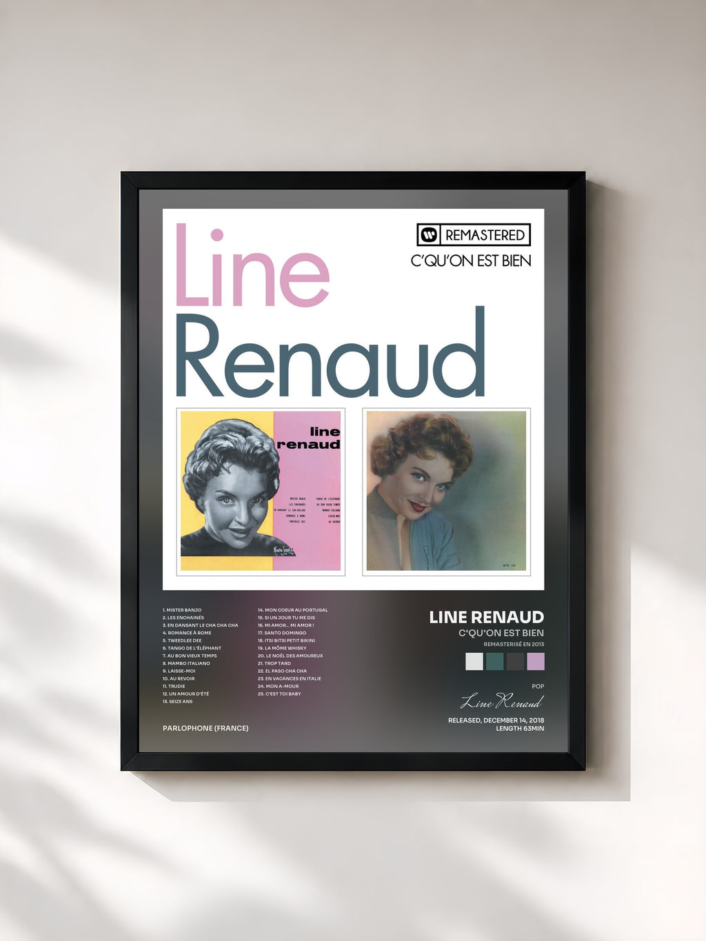 #noir Tableau de l'album C'qu'on est bien (Remasterisé en 2013) de Line Renaud, cadre noir, imprimé et encadré en France