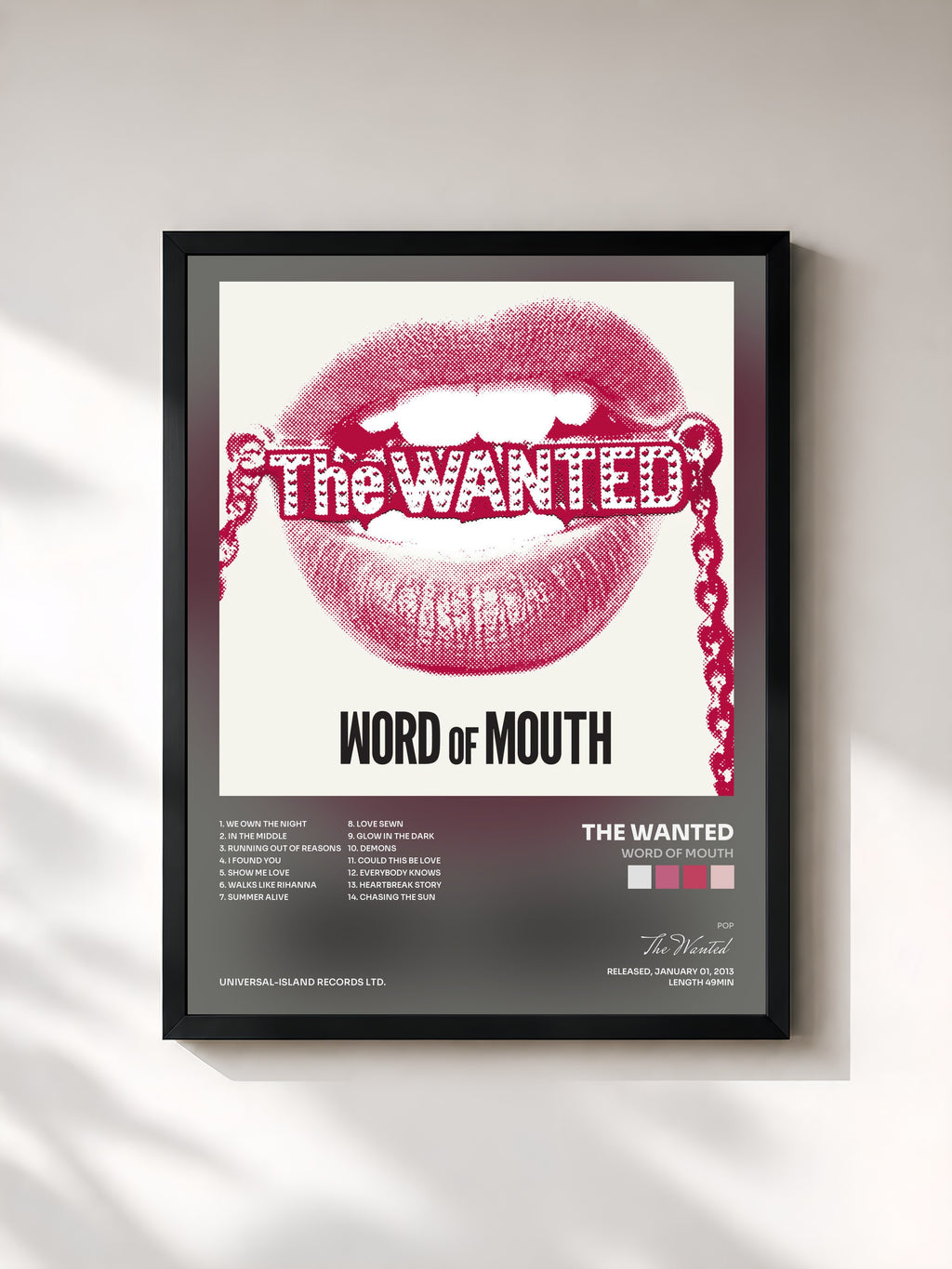 #noir Tableau de l'album Word Of Mouth de The Wanted, cadre noir, imprimé et encadré en France