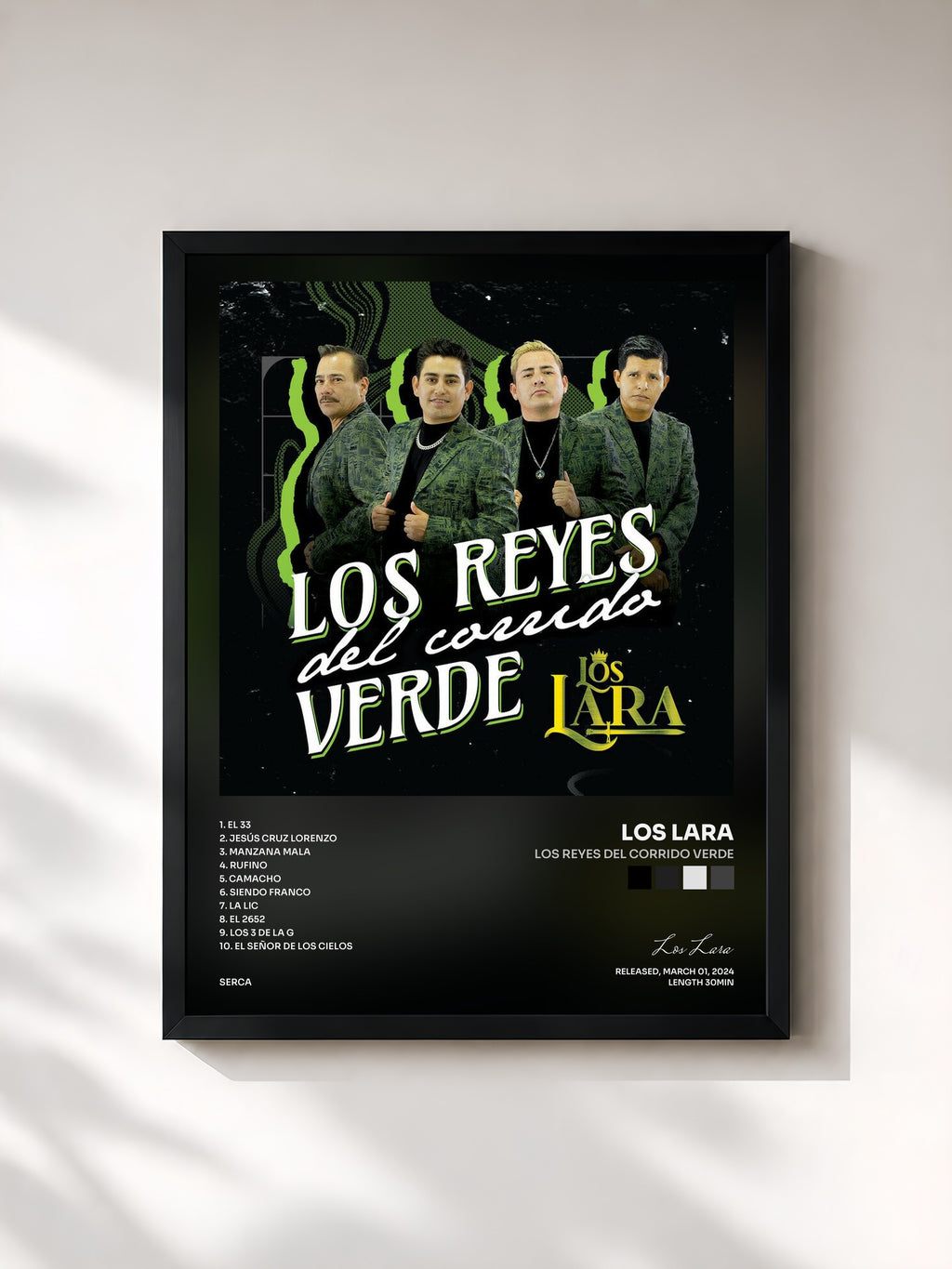 #noir Tableau de l'album Los Reyes Del Corrido Verde de Los Lara, cadre noir, imprimé et encadré en France
