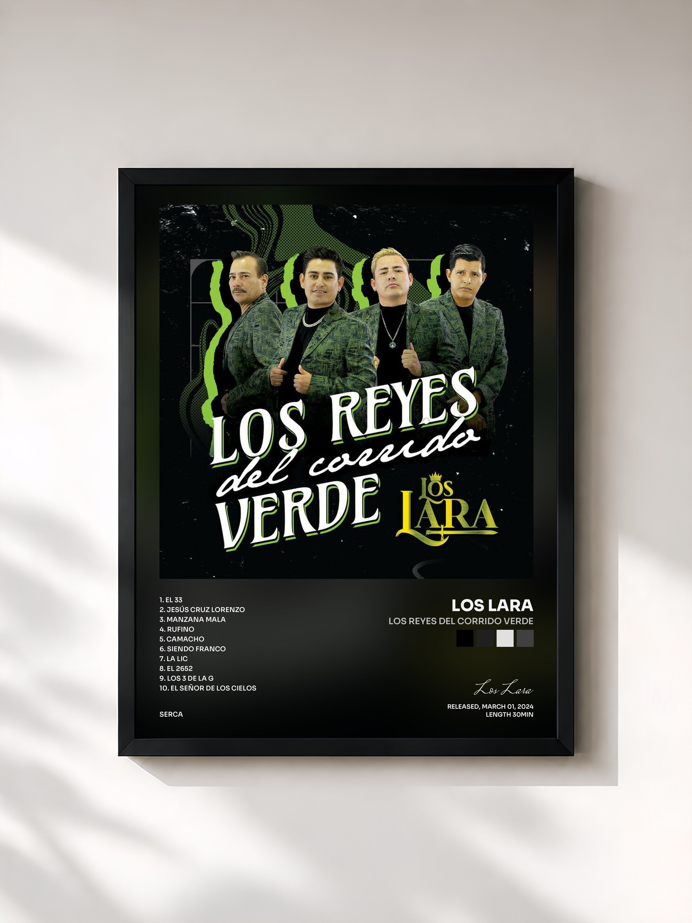 #noir Tableau de l'album Los Reyes Del Corrido Verde de Los Lara, cadre noir, imprimé et encadré en France