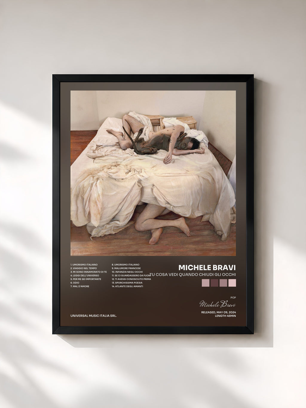 #noir Tableau de l'album tu cosa vedi quando chiudi gli occhi de Michele Bravi, cadre noir, imprimé et encadré en France