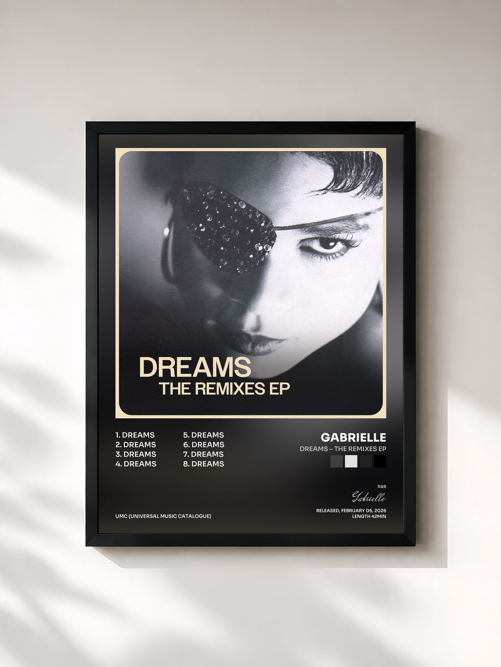 #noir Tableau de l'album Dreams – The Remixes EP de Gabrielle, cadre noir, imprimé et encadré en France