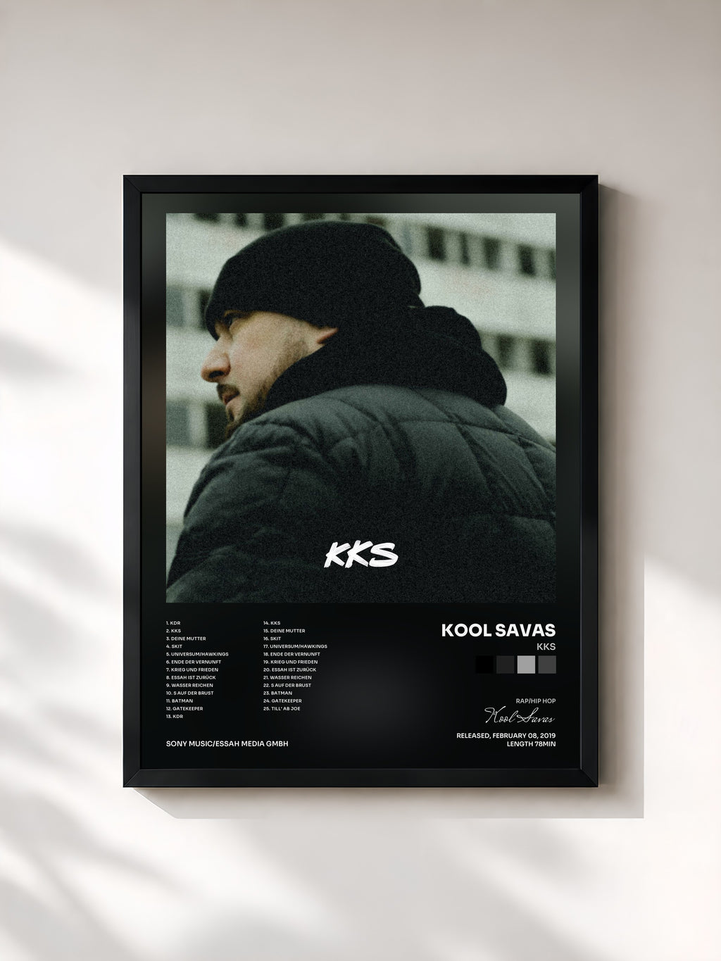 #noir Tableau de l'album KKS de Kool Savas, cadre noir, imprimé et encadré en France