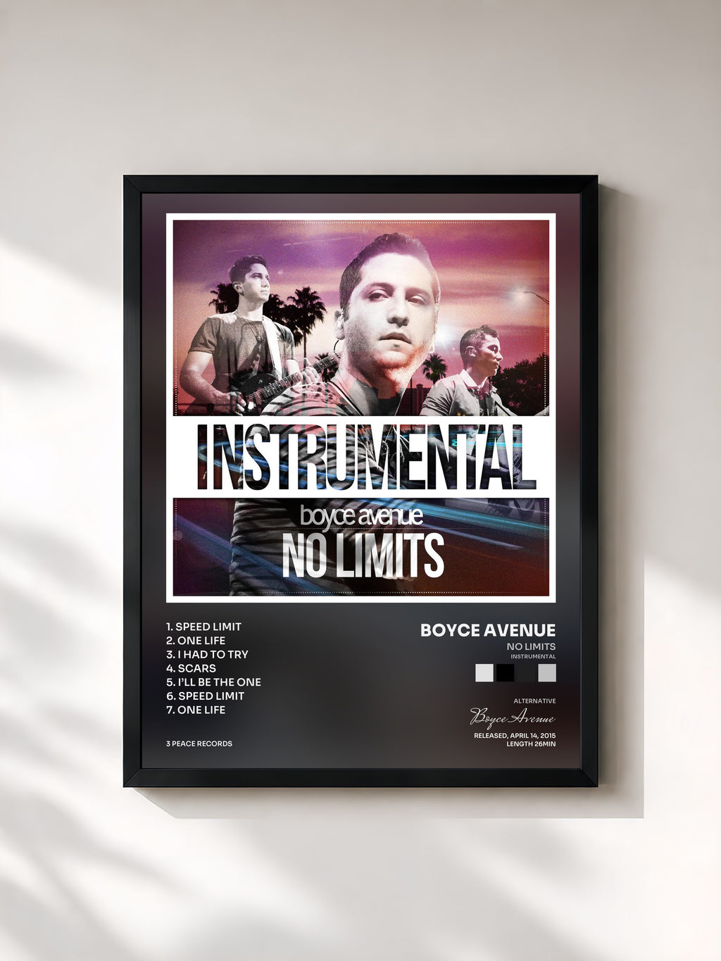 #noir Tableau de l'album No Limits (Instrumental) de Boyce Avenue, cadre noir, imprimé et encadré en France