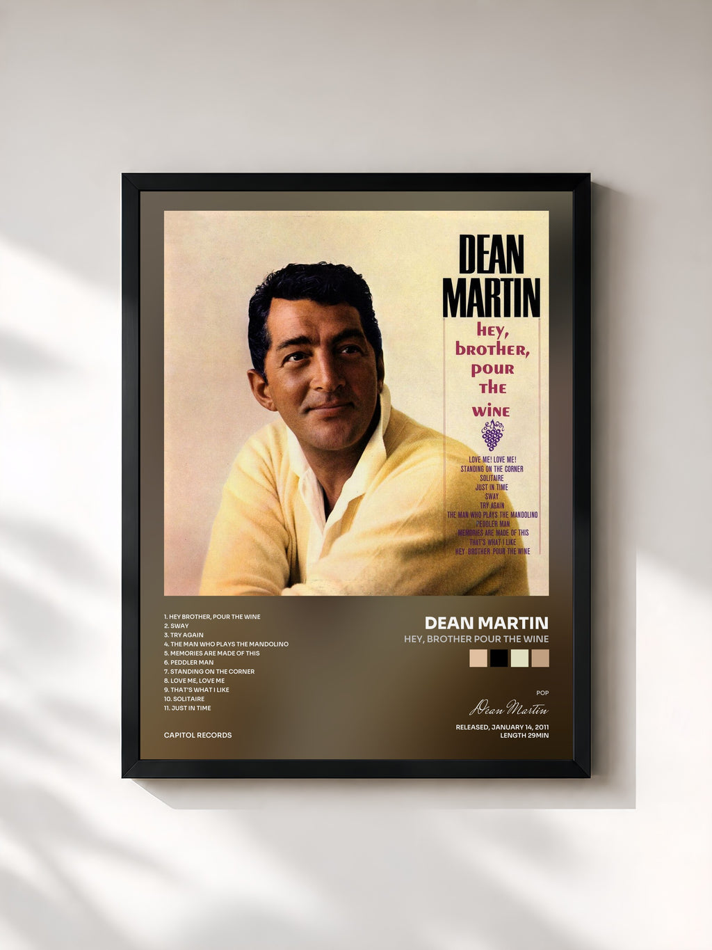 #noir Tableau de l'album Hey, Brother Pour The Wine de Dean Martin, cadre noir, imprimé et encadré en France