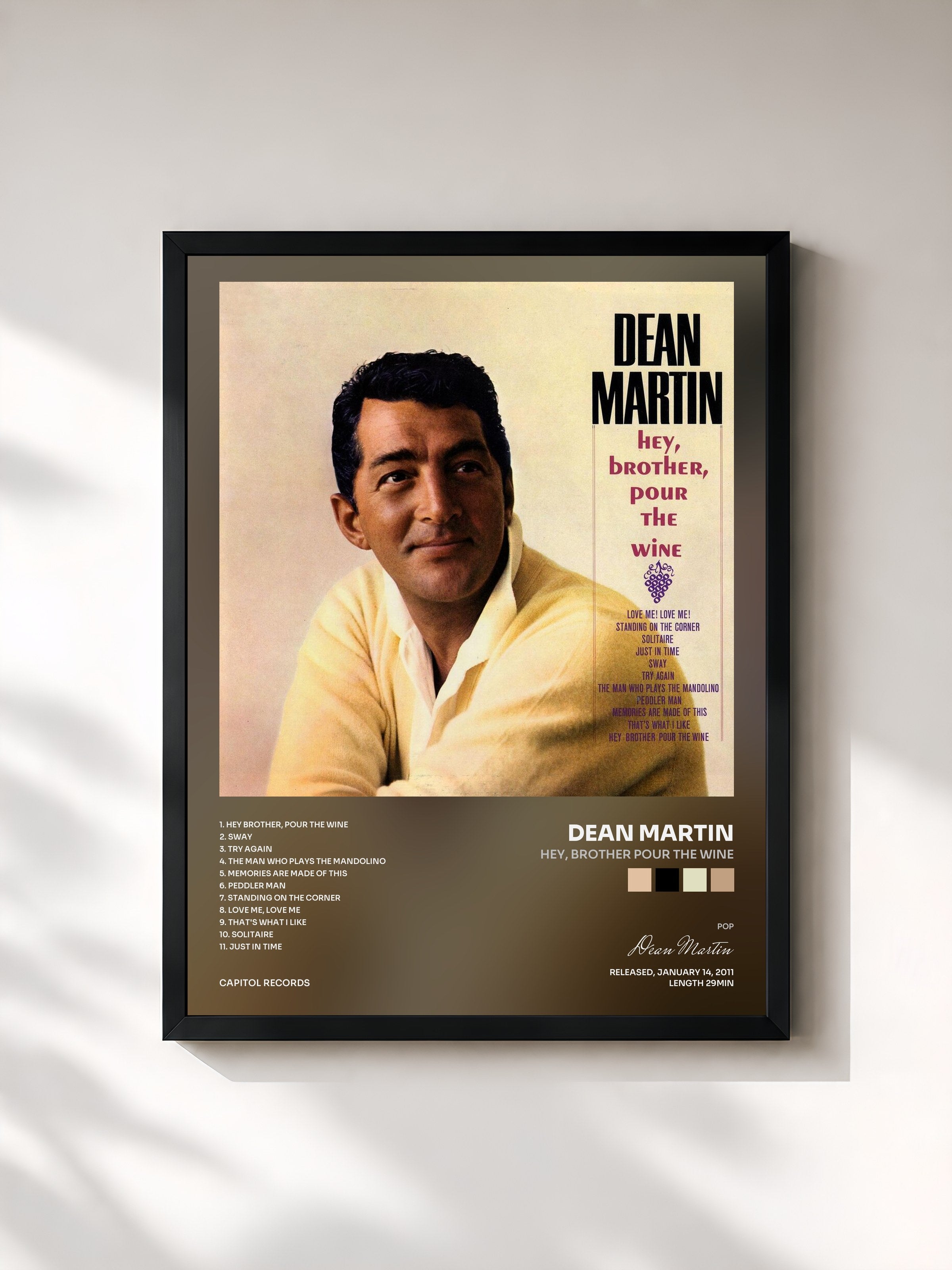 #noir Tableau de l'album Hey, Brother Pour The Wine de Dean Martin, cadre noir, imprimé et encadré en France