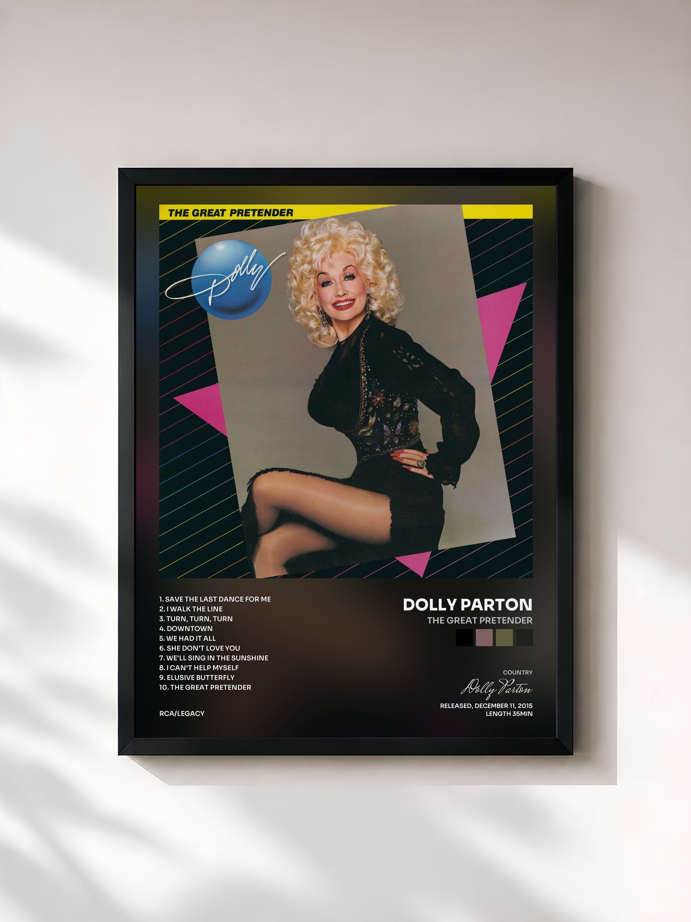 #noir Tableau de l'album The Great Pretender de Dolly Parton, cadre noir, imprimé et encadré en France