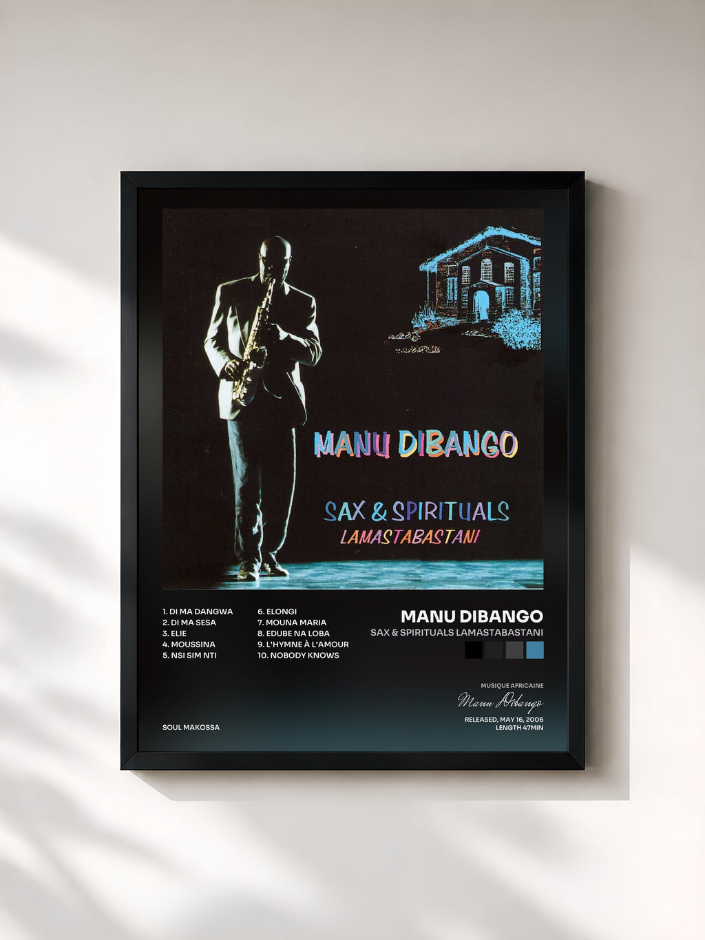 #noir Tableau de l'album Sax & Spirituals Lamastabastani de Manu Dibango, cadre noir, imprimé et encadré en France
