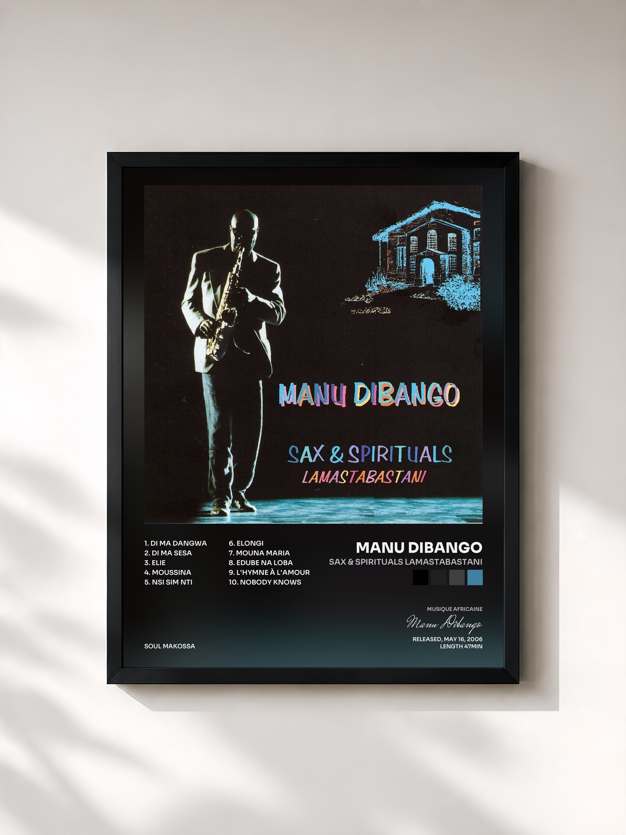 #noir Tableau de l'album Sax & Spirituals Lamastabastani de Manu Dibango, cadre noir, imprimé et encadré en France