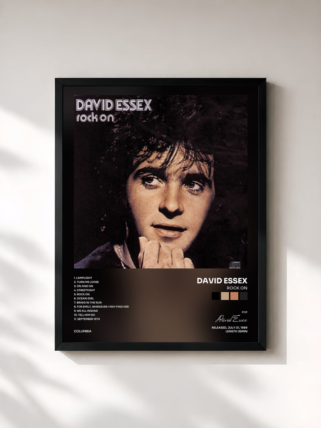 #noir Tableau de l'album Rock On de David Essex, cadre noir, imprimé et encadré en France