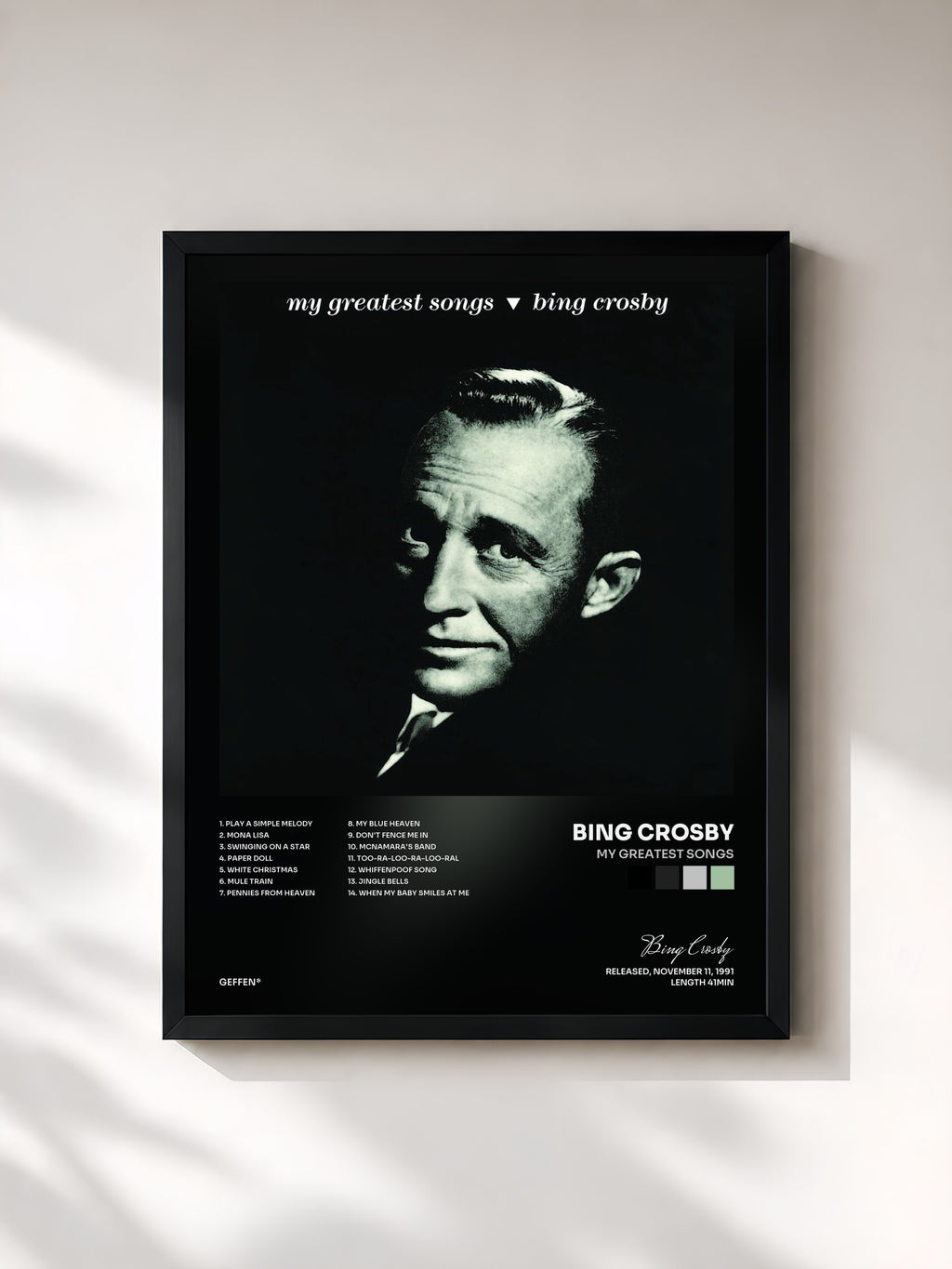 #noir Tableau de l'album My Greatest Songs de Bing Crosby, cadre noir, imprimé et encadré en France