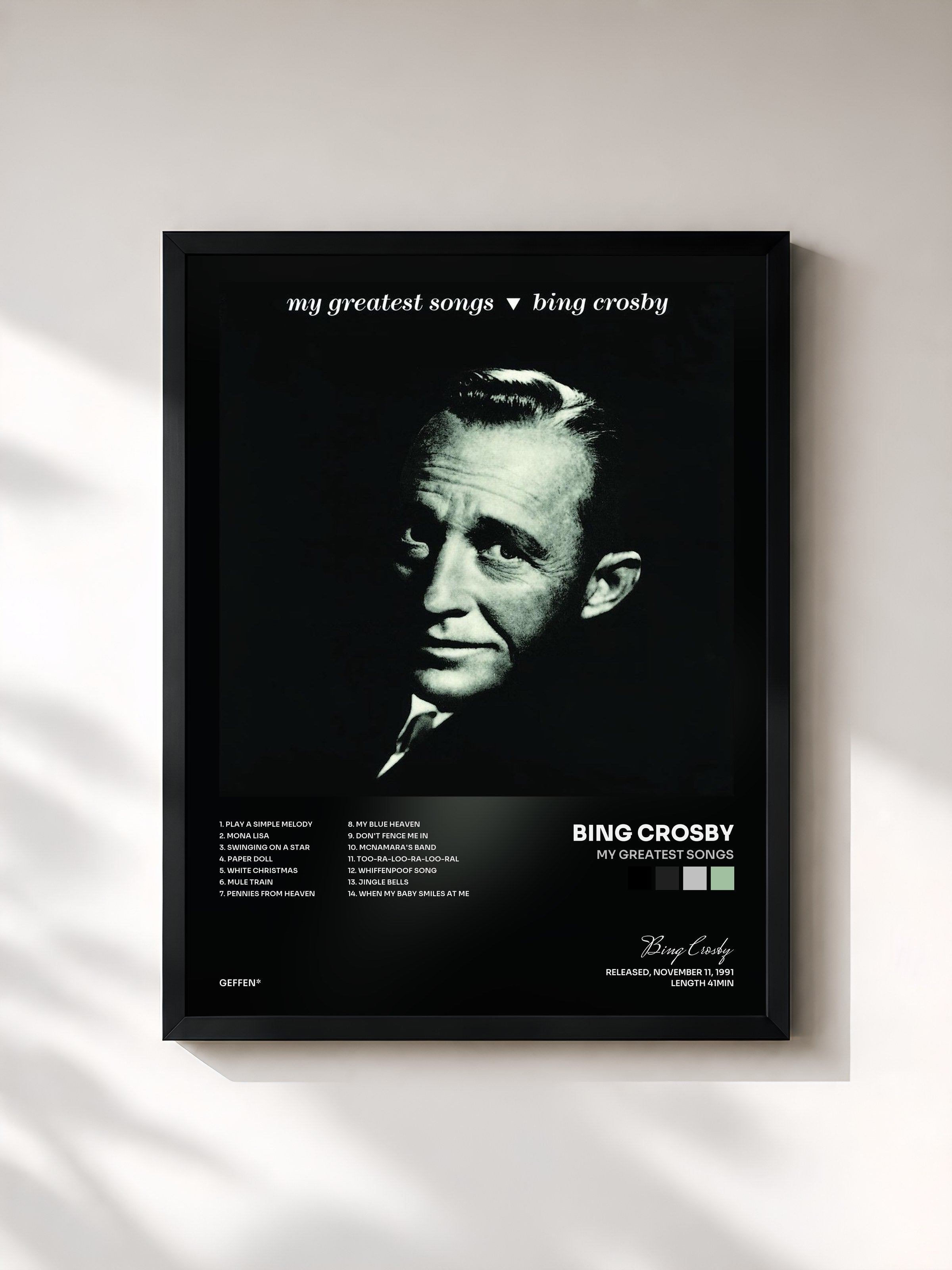 #noir Tableau de l'album My Greatest Songs de Bing Crosby, cadre noir, imprimé et encadré en France