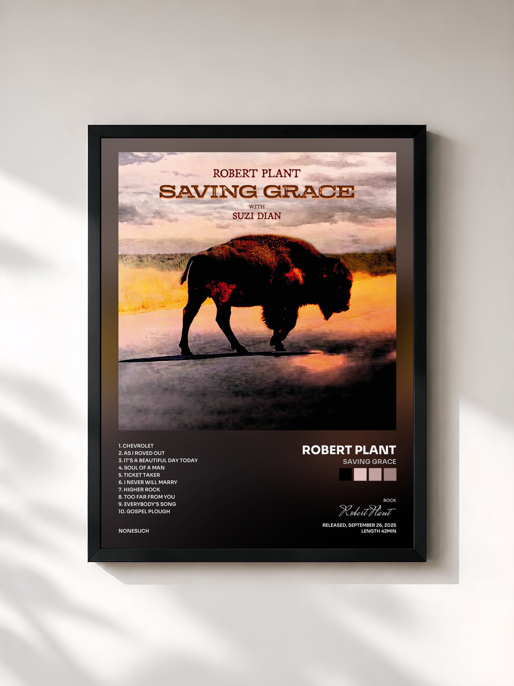#noir Tableau de l'album Saving Grace de Robert Plant, cadre noir, imprimé et encadré en France